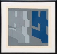 "Serie 4- Conecta Uno" Serigrafía abstracta geométrica moderna gris y azul Ed 19/30