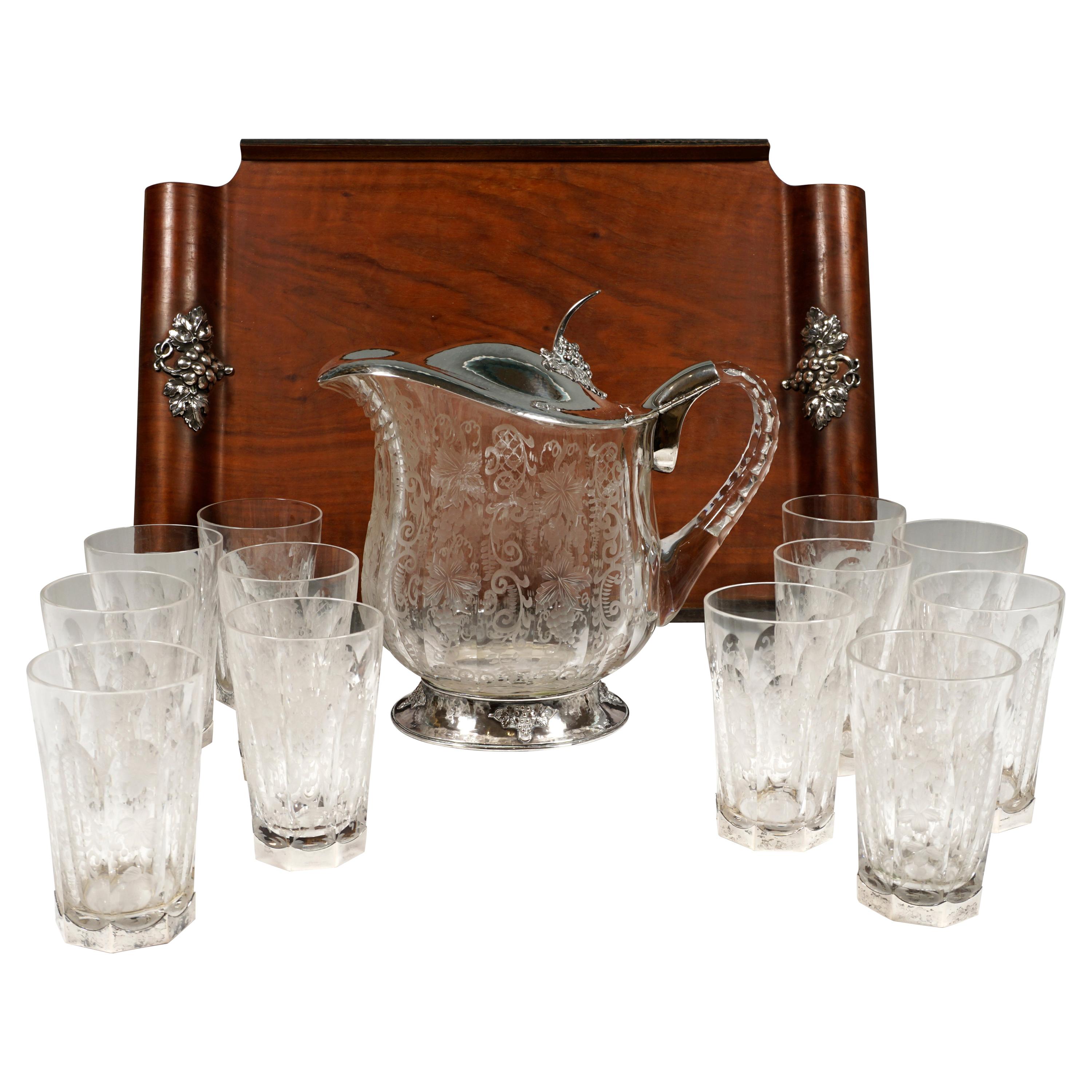 Chrystal Carafe and Twelve Glasses with Silver Mount on Tray Germany around 1900