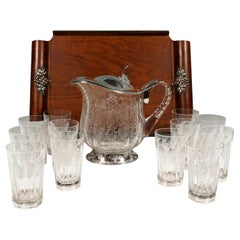 Antique Chrystal Carafe and Twelve Glasses with Silver Mount on Tray Germany around 1900