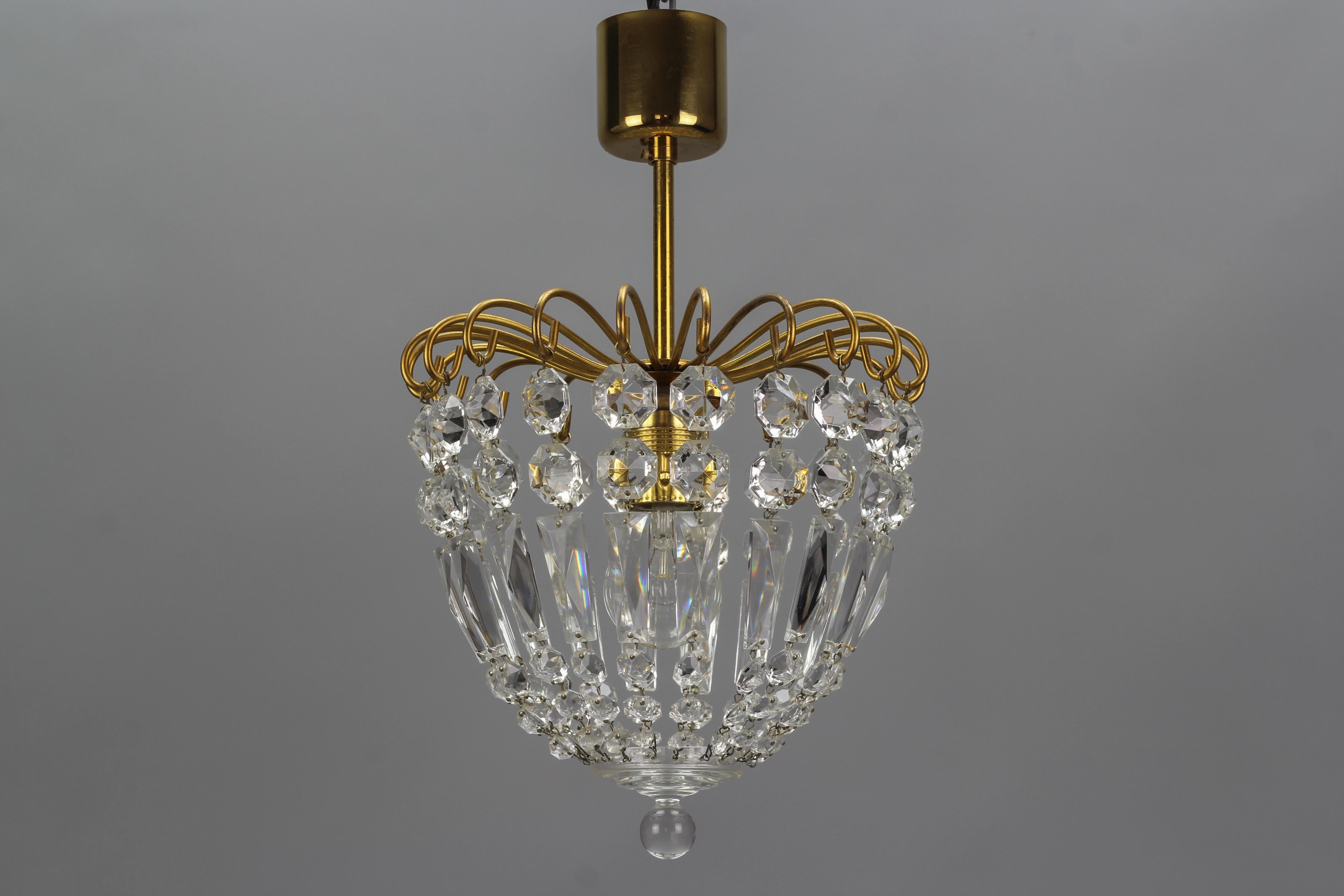 Chrystal Glass and Brass Pendant Light by Palwa, Germany 1