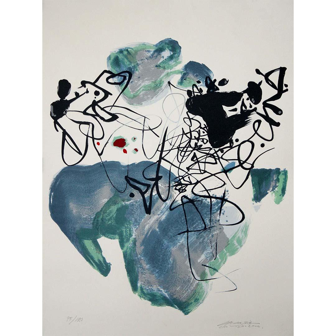 The 1988 original lithography by Chu Teh-Chun, titled "Universal Peace (La paix universelle)," is a captivating masterpiece that reflects the artist's profound vision and dedication to promoting harmony and unity through art. With a limited edition