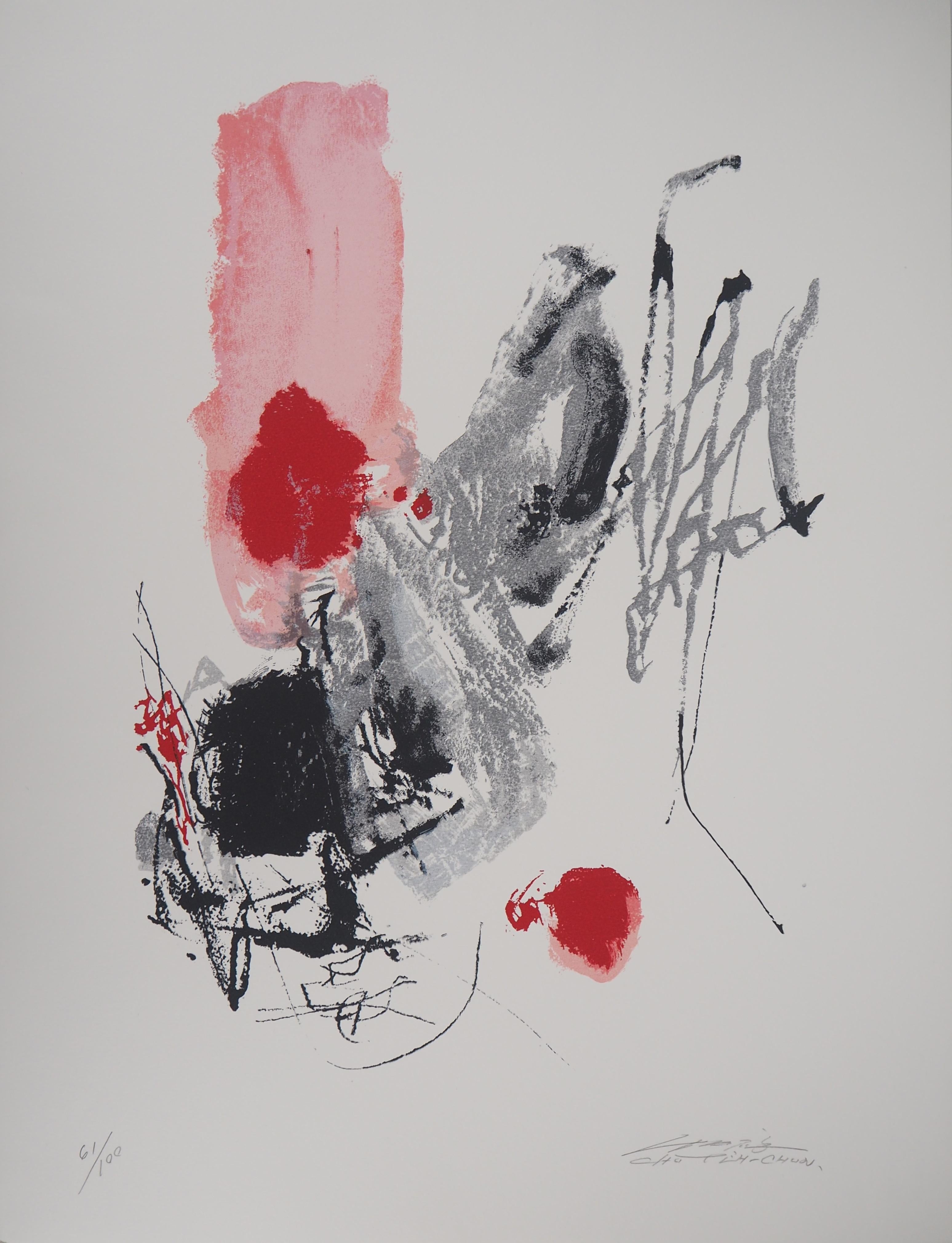 Chu Teh-Chun Abstract Print - Composition in Red and Black - Original Lithograph, Handsigned - Ltd 100