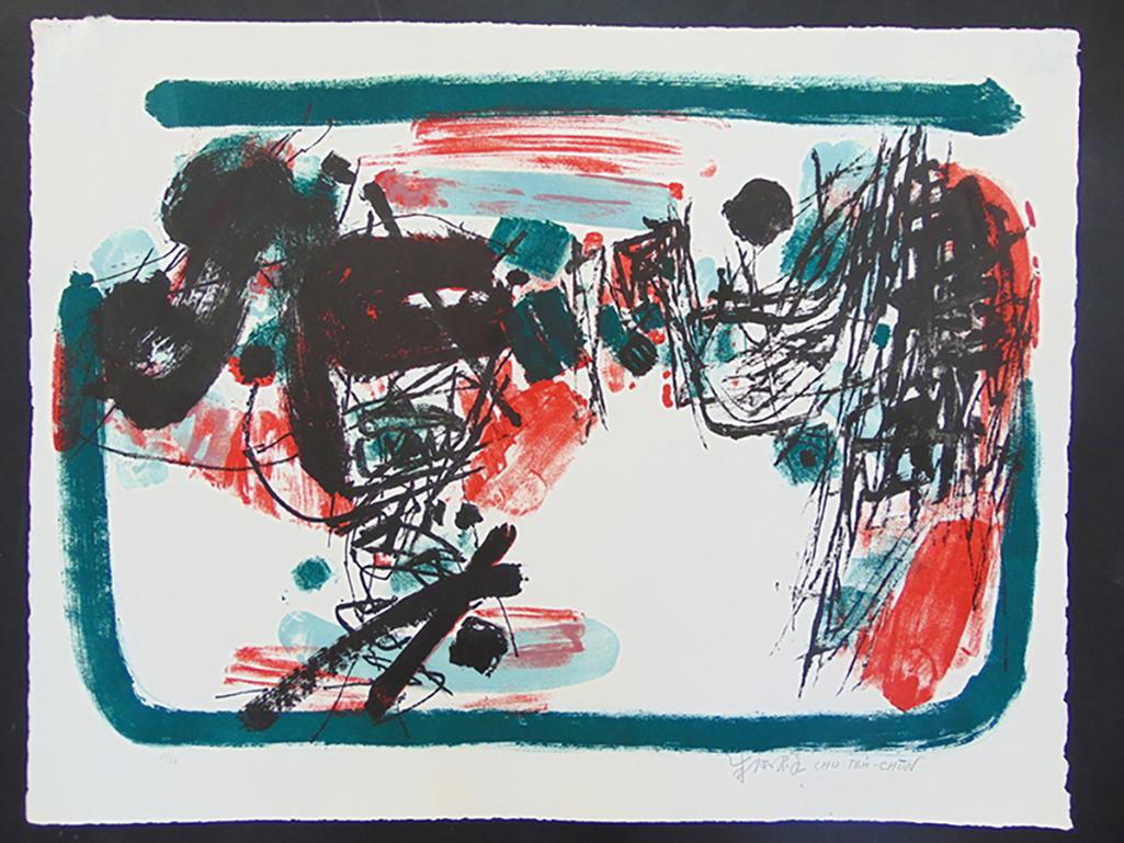 Village sous une pluie rouge - Abstraction chinoise - Print de Chu Teh-Chun