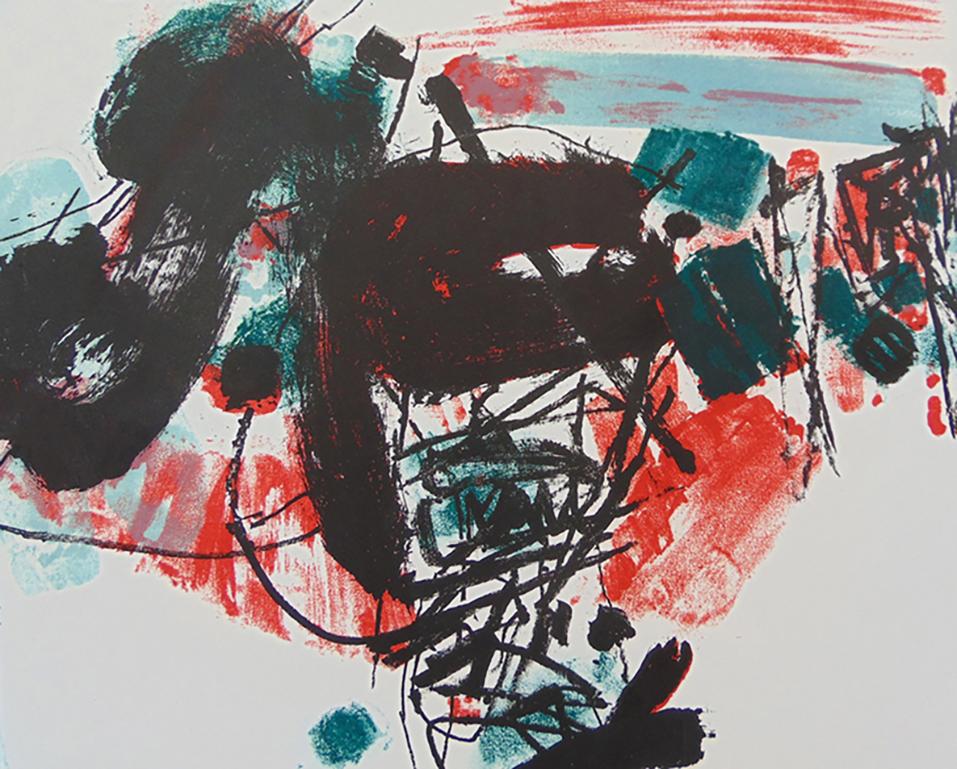 Village sous une pluie rouge - Abstraction chinoise - Gris Abstract Print par Chu Teh-Chun