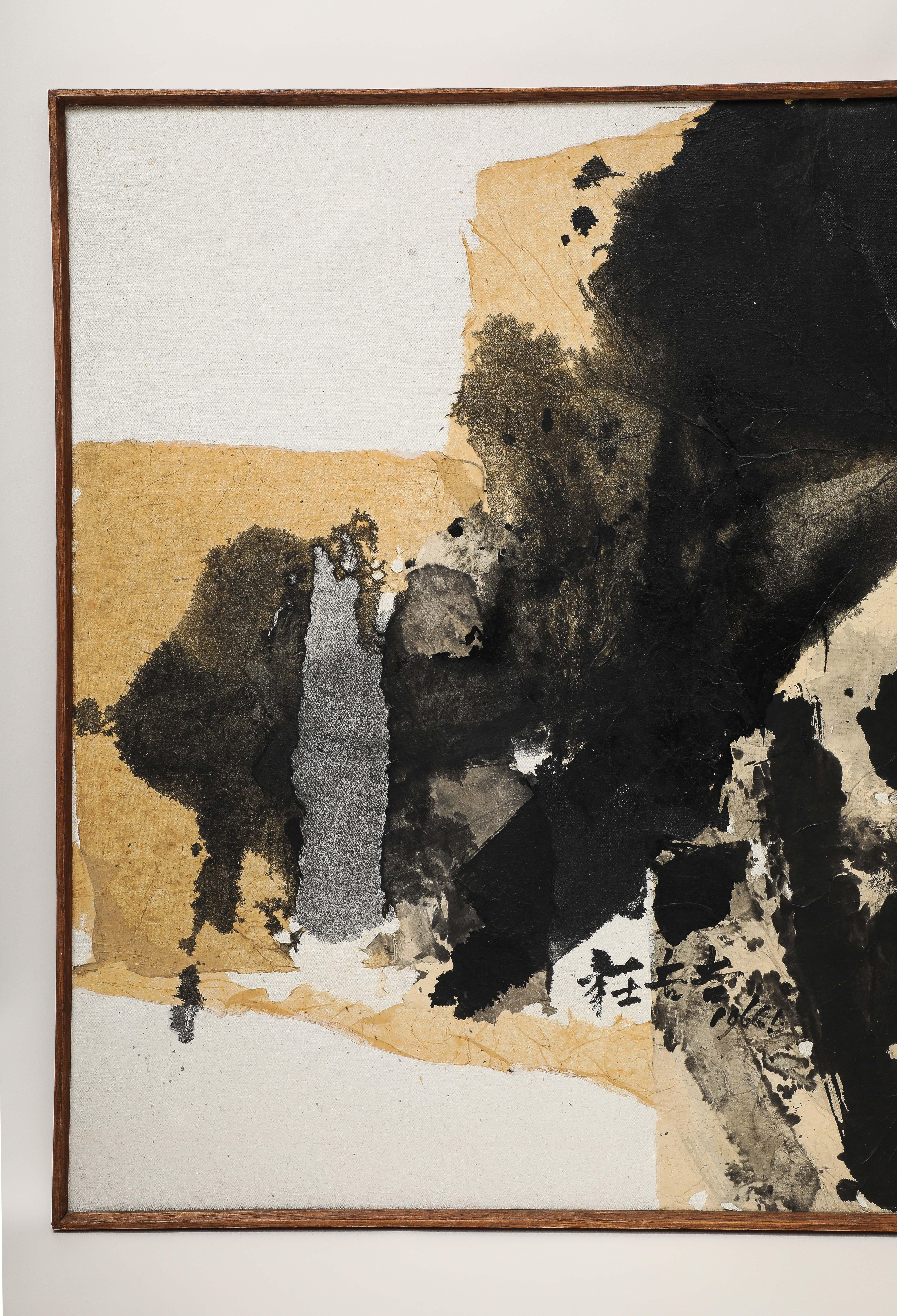 Dieses Werk von Chuang Che ist eine Collage und Öl auf Leinwand. Signiert, betitelt und datiert 1966.
die Herkunft ist Forsythe Gallery  Ann Arbor MI. Sammlung von Eunice Faber, Ann Arbor.
Chuang Che ist ein chinesischer Künstler. Sein Werk ist