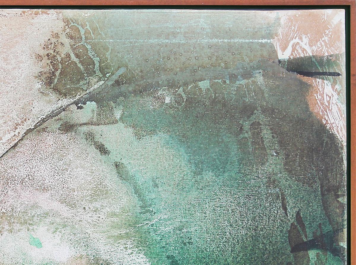 Green and brown abstract expressionist painting by Chinese artist, Chuang Che. This piece features washed green and brown paint with accents of black contrasted against a white base background. Signed and dated in the front lower-left corner. This