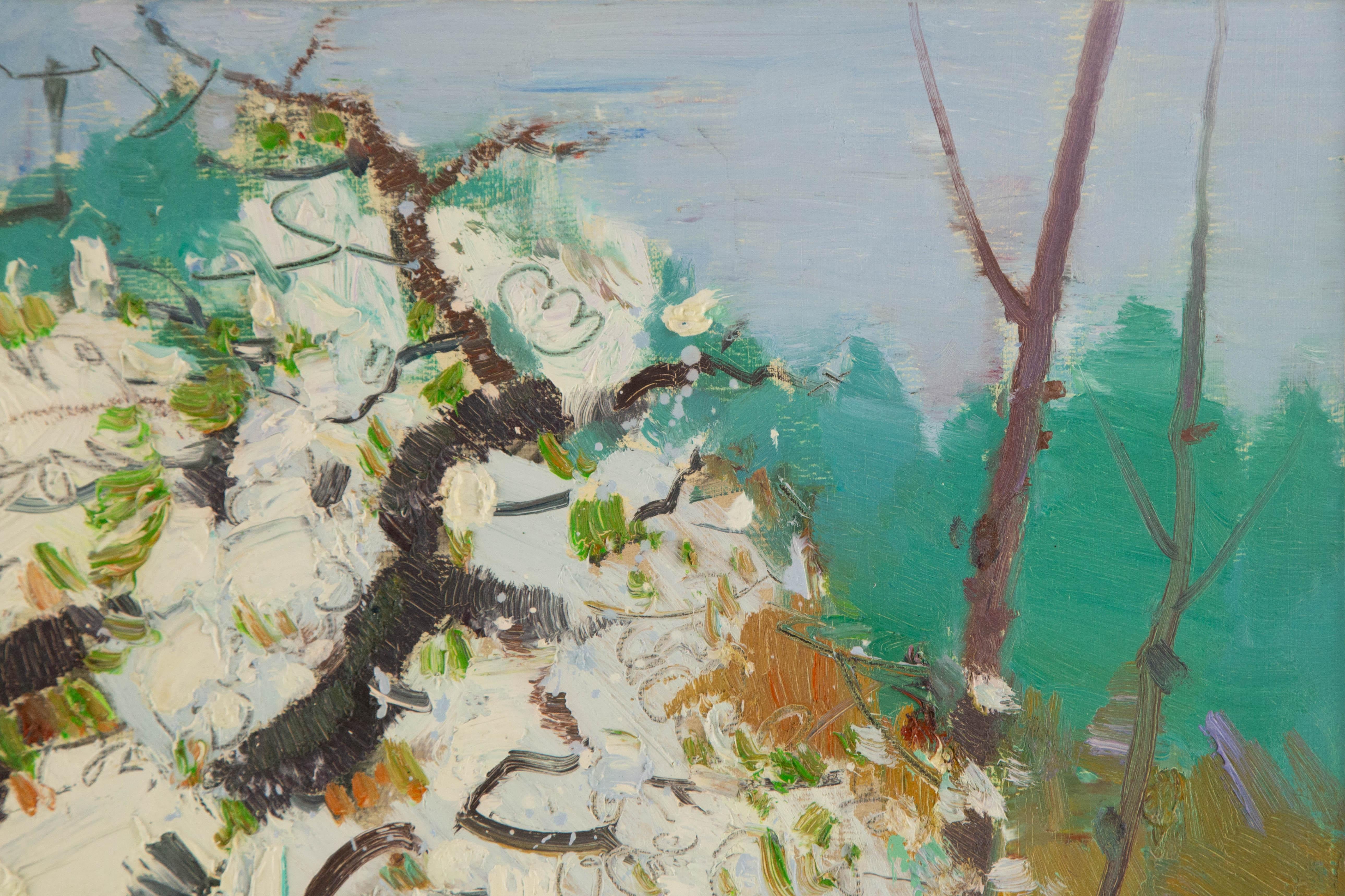  Title: Pear Blossoms
 Medium: Oil on canvas
 Size: 23.5 x 23.5 inches
 Frame: Framing options available!
 Condition: The painting appears to be in excellent condition.
 Note: This painting is unstretched, shipped rolled unless stretching/framing is
