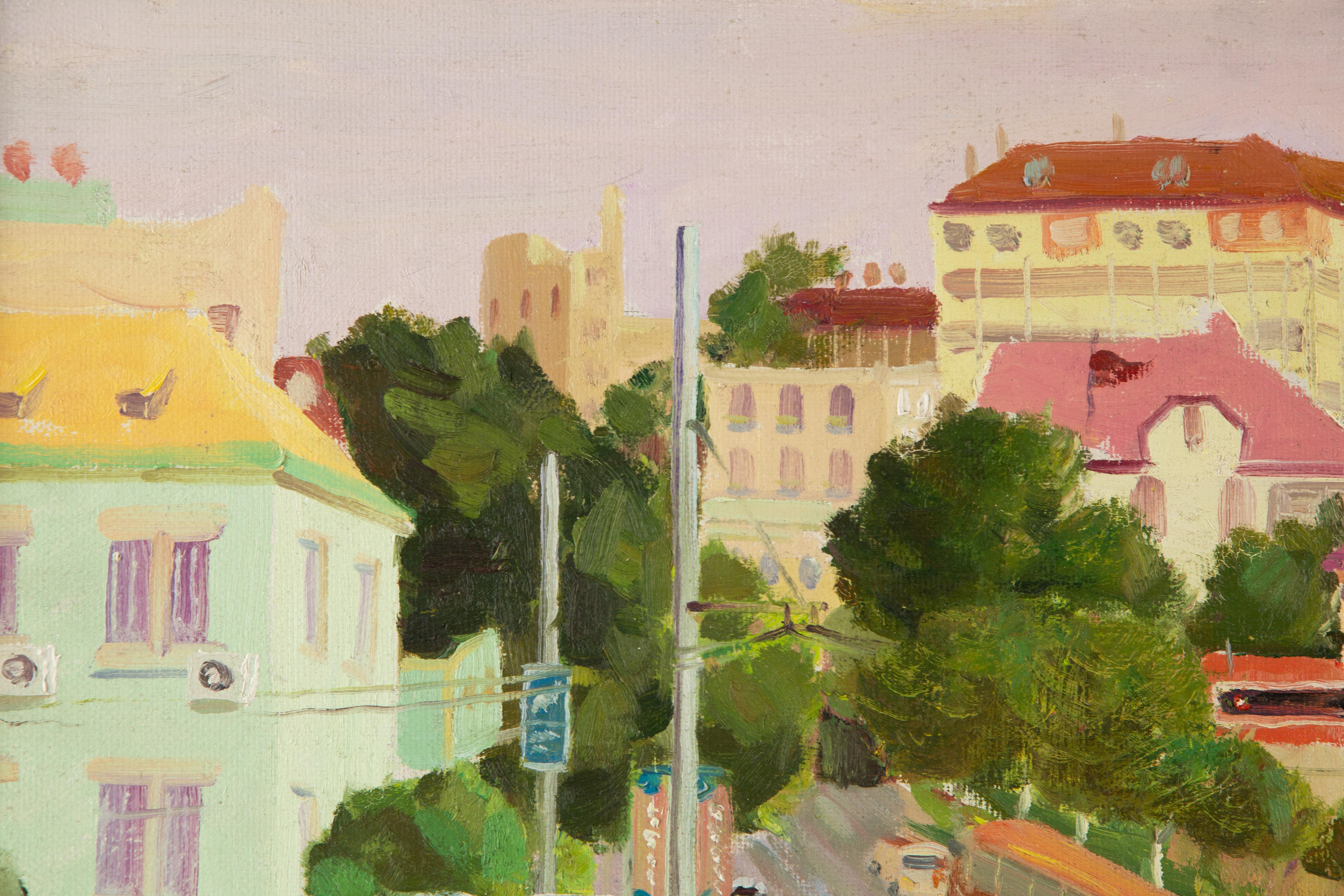  Title: City View Of QingDao
 Medium: Oil on canvas
 Size: 15.75 x 23.5 inches
 Frame: Framing options available!
 Condition: The painting appears to be in excellent condition.
 Note: This painting is unstretched
 Year: 2011
 Artist: ChuanWen Liu
