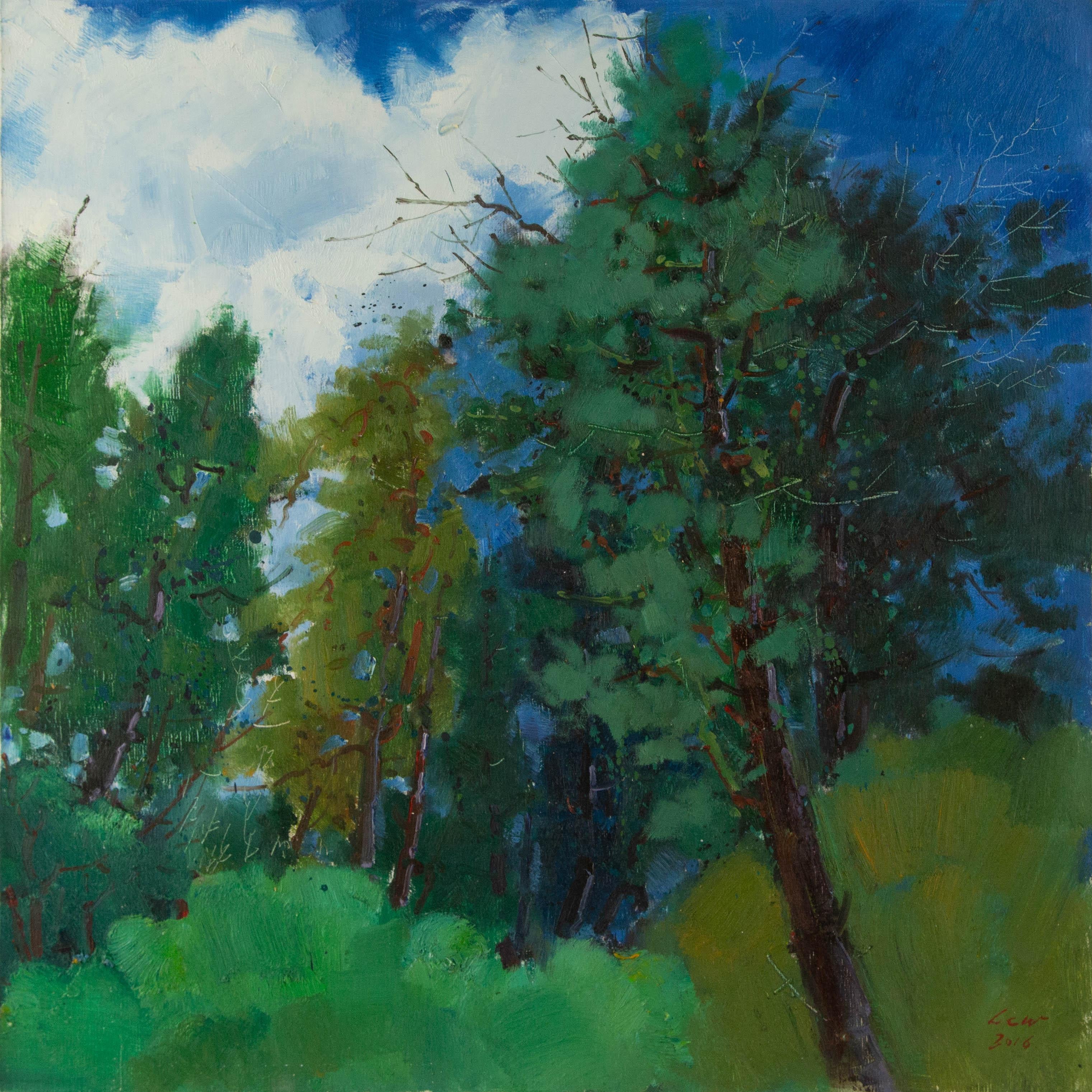 ChuanWen Liu Landscape Painting – Chuanwen Liu Landschaft Original Öl auf Leinwand "Kiefern und Himmel"