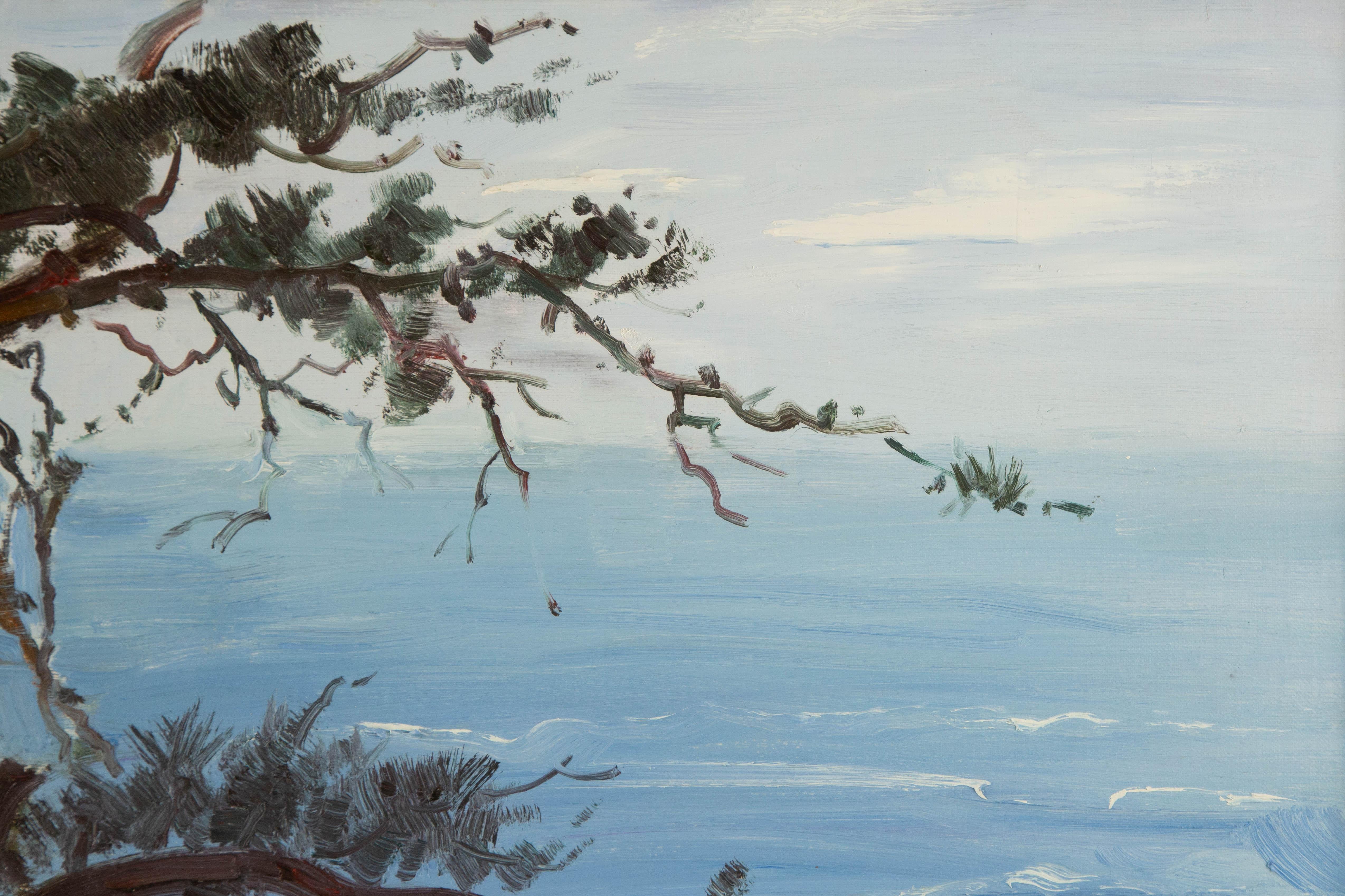 Titel: Kiefern am Meer I
 Medium: Öl auf Leinwand
 Größe: 23,5 x 27,5 Zoll
 Rahmen: Einrahmungsmöglichkeiten vorhanden!
 Zustand: Das Gemälde scheint in ausgezeichnetem Zustand zu sein.
 Hinweis: Dieses Gemälde ist nicht aufgespannt und wird