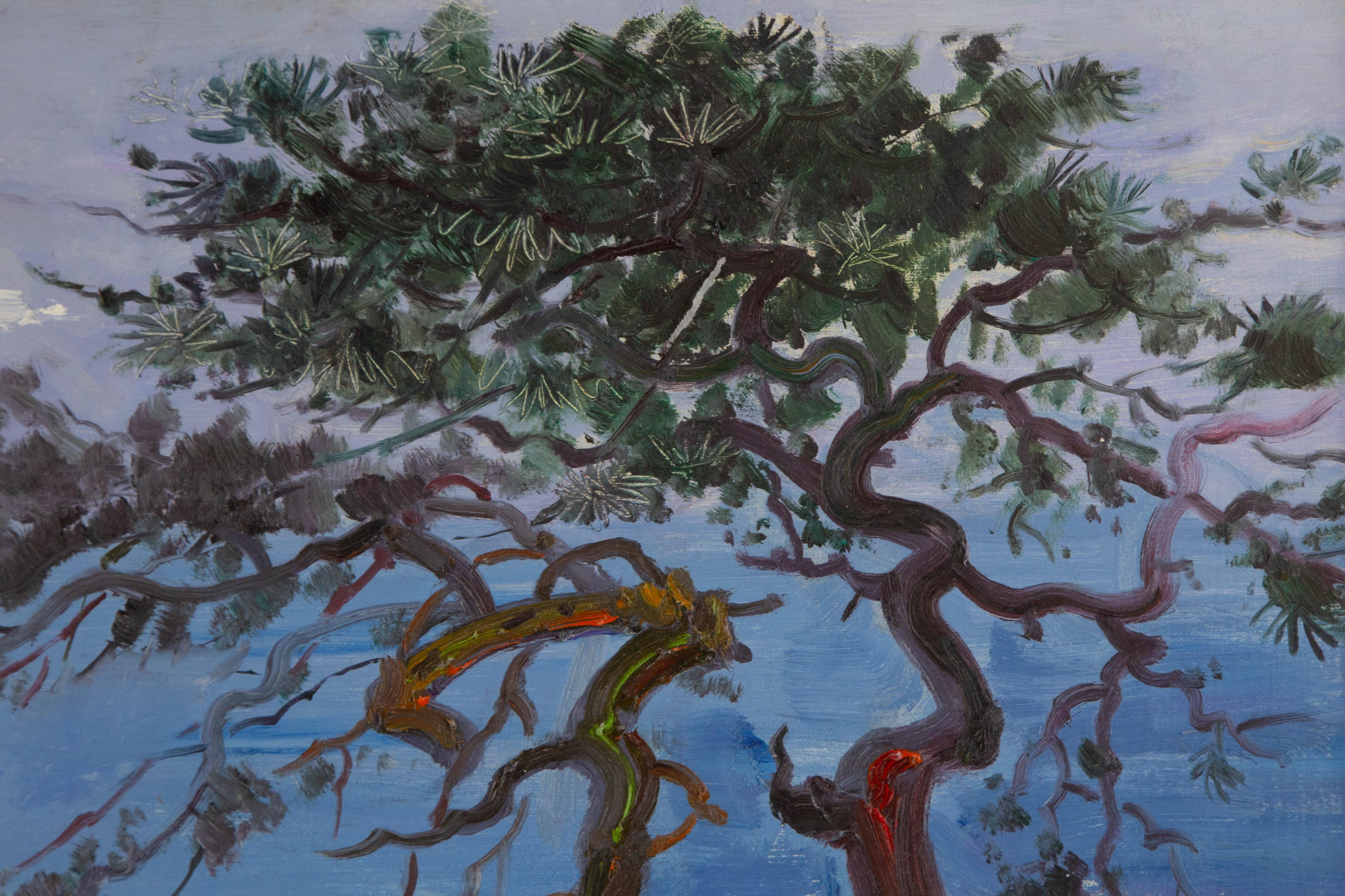  Title: Pines by the Sea II
 Medium: Oil on canvas
 Size: 23.75 x 27.5 inches
 Frame: Framing options available!
 Condition: The painting appears to be in excellent condition.
 Note: This painting is unstretched, shipped rolled unless