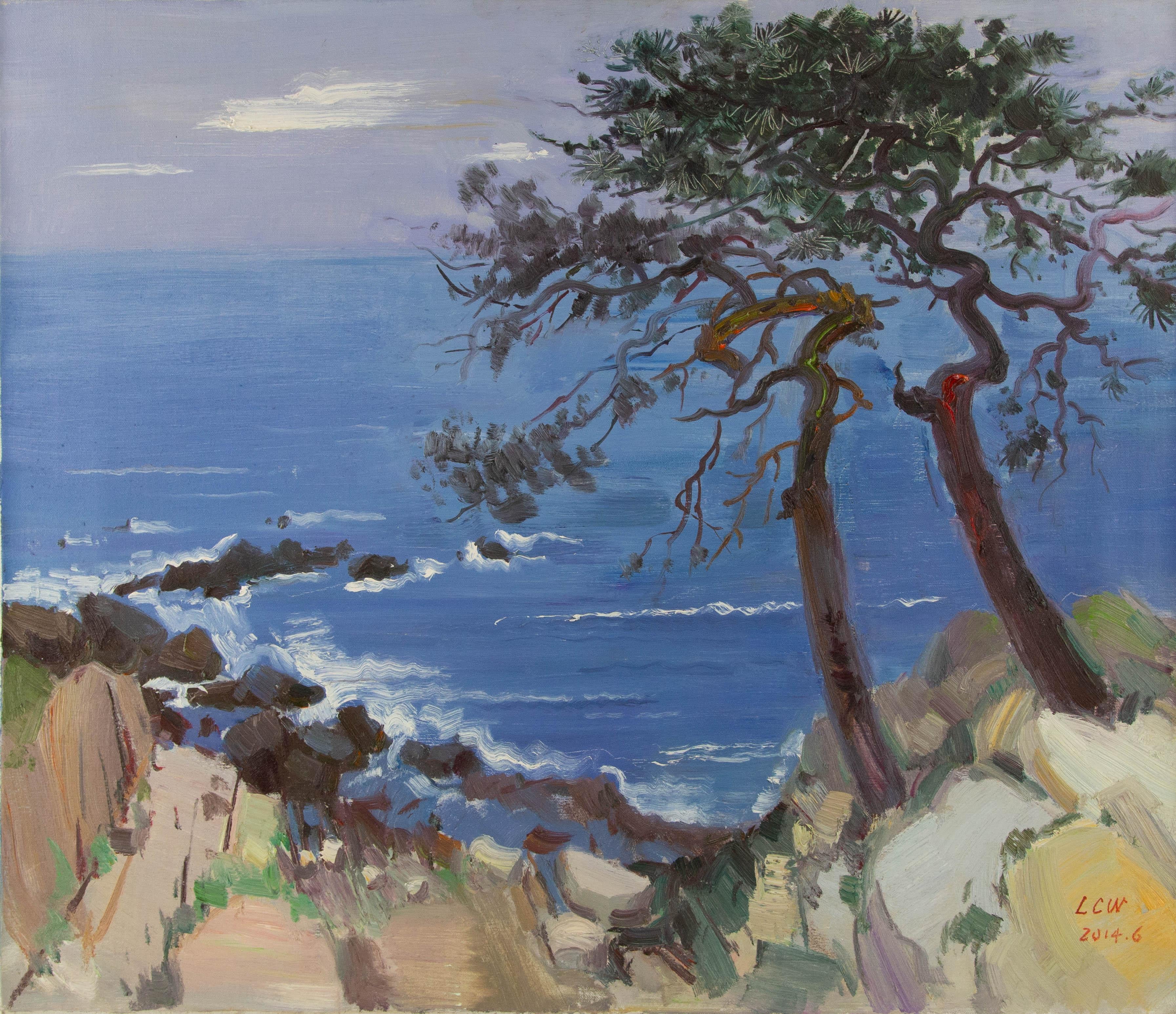 Chuanwen Liu Landschaft Original Öl auf Leinwand "Kiefern am Meer II"