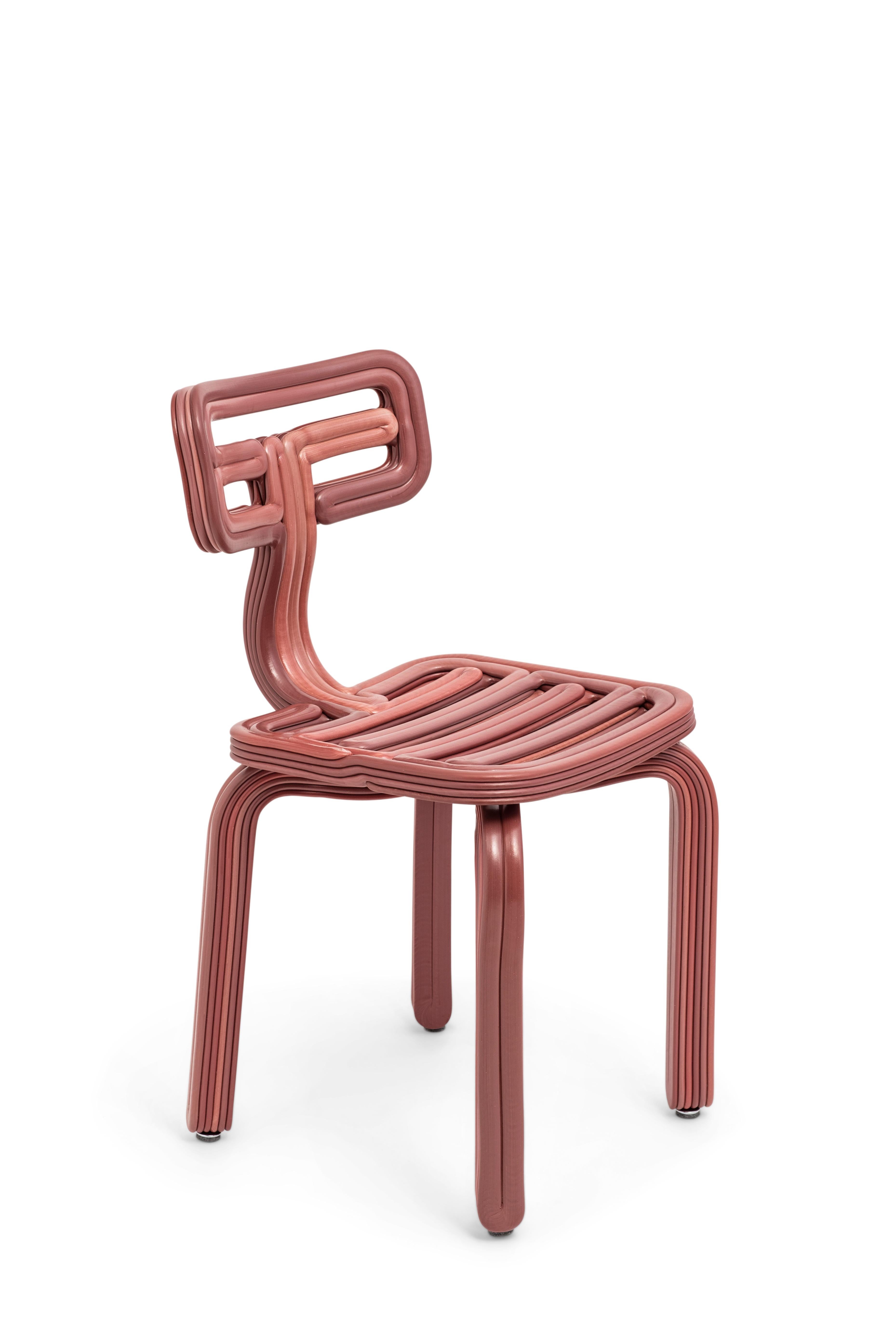 Dirk van der Kooij first fell in love with low resolution 3D printing as a student, fulfilling his search for honest and functional ornamentation. The chubby chair remains his most playful child of this process, which finds its alien form through