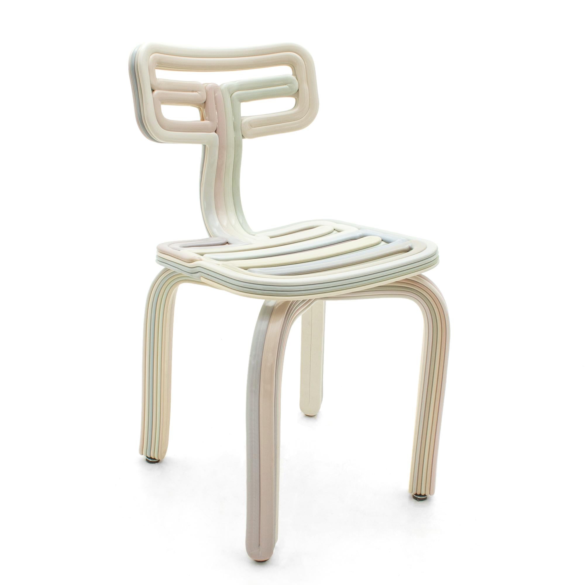 Dirk van der Kooij first fell in love with low resolution 3D printing as a student, fulfilling his search for honest and functional ornamentation. The chubby chair remains his most playful child of this process, which finds its alien form through