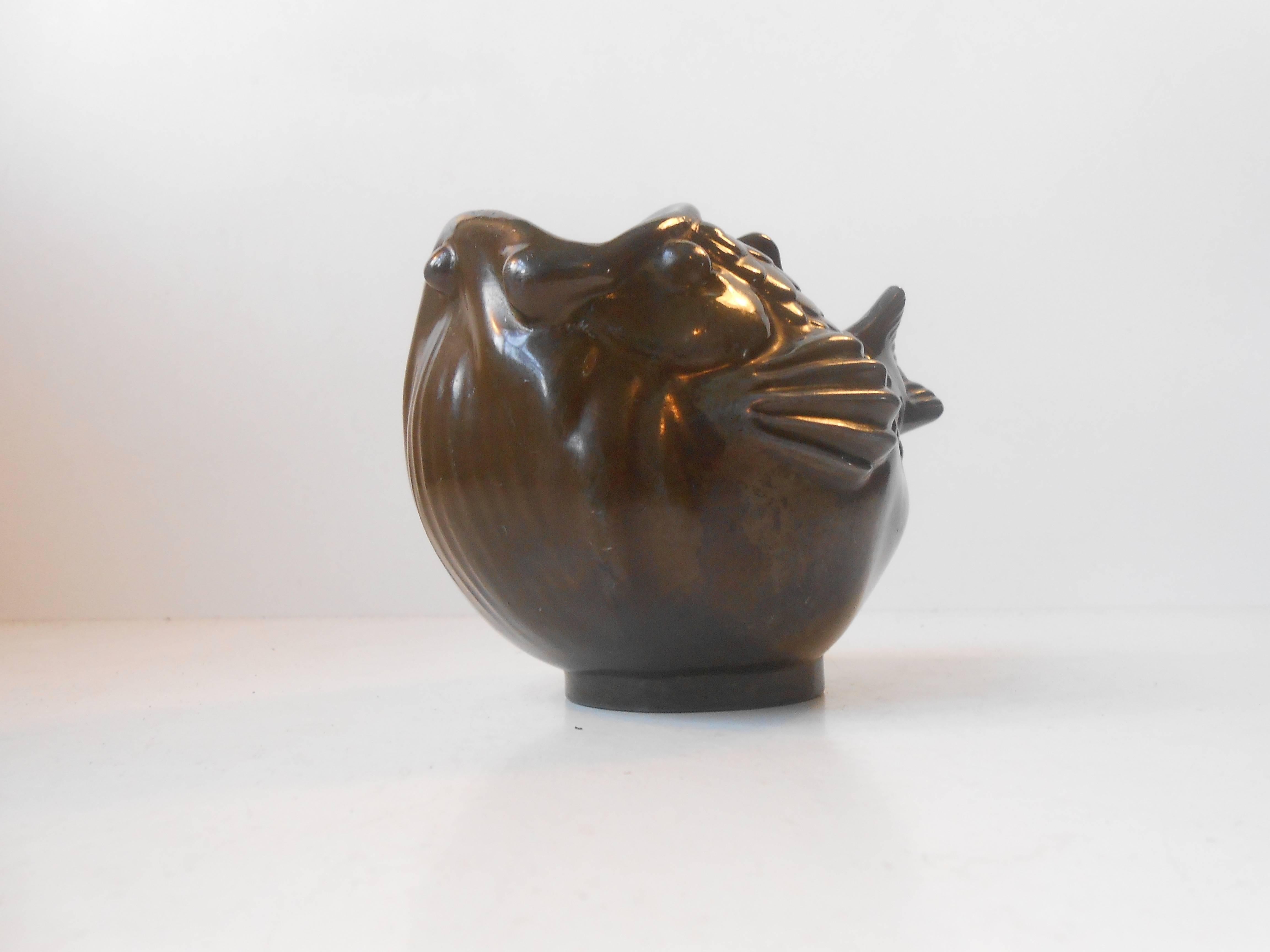 Patinated Chubby Disko Metal Fish Vase by Just Andersen, Denmark, 1930s