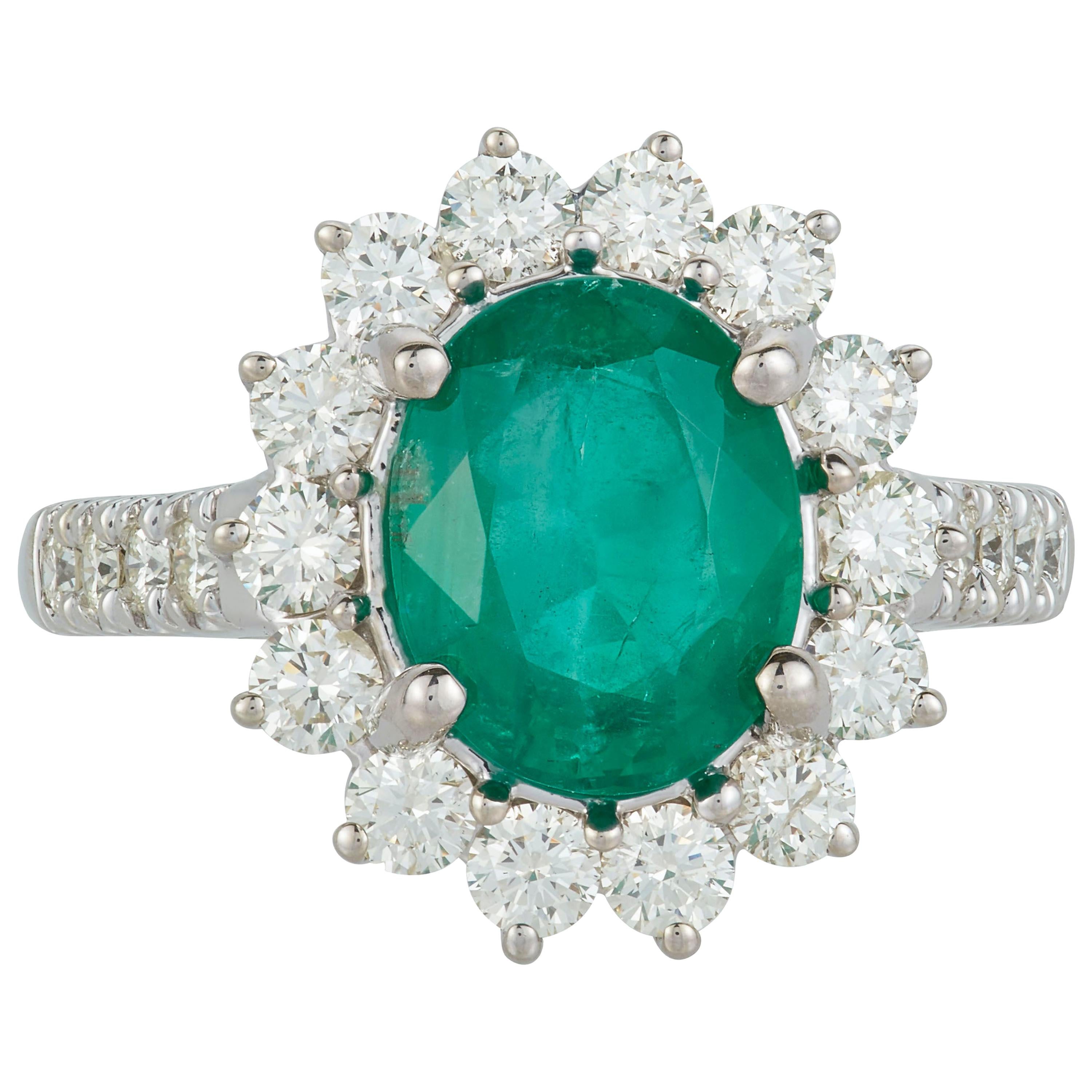 Chubby Oval Emerald Diamond Halo Classic Engagement Ring 14 Karat White Gold