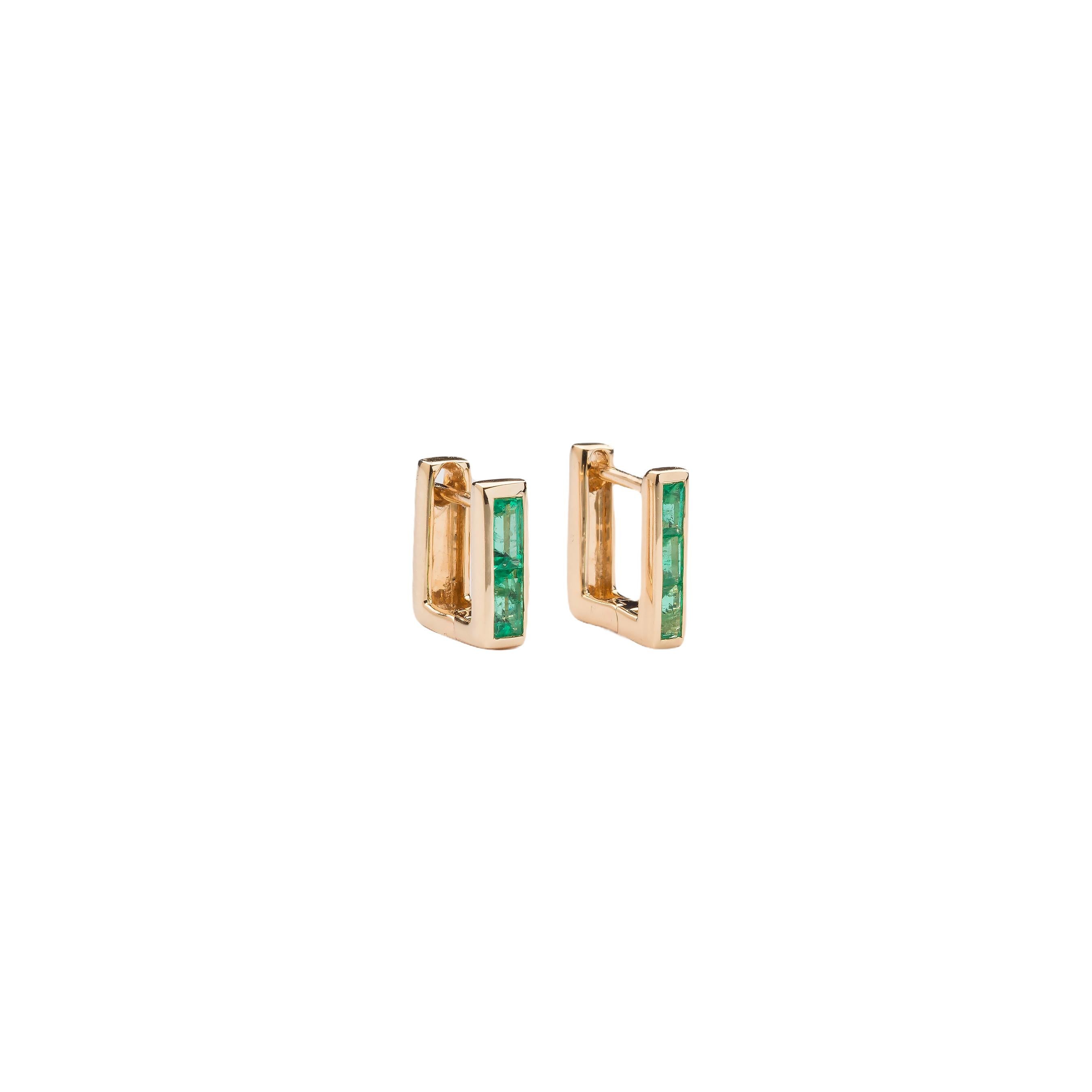 Baguette Cut Chubby Square Huggie Earrings with Two Emerald Baguettes For Sale