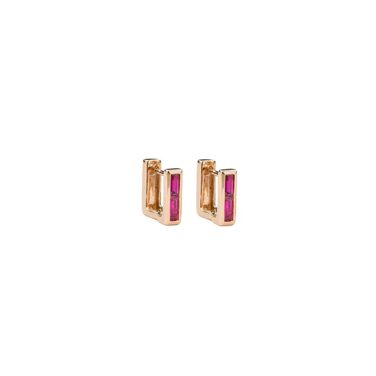 Chubby Square Huggie Earrings with Two Ruby Baguettes For Sale at 1stDibs