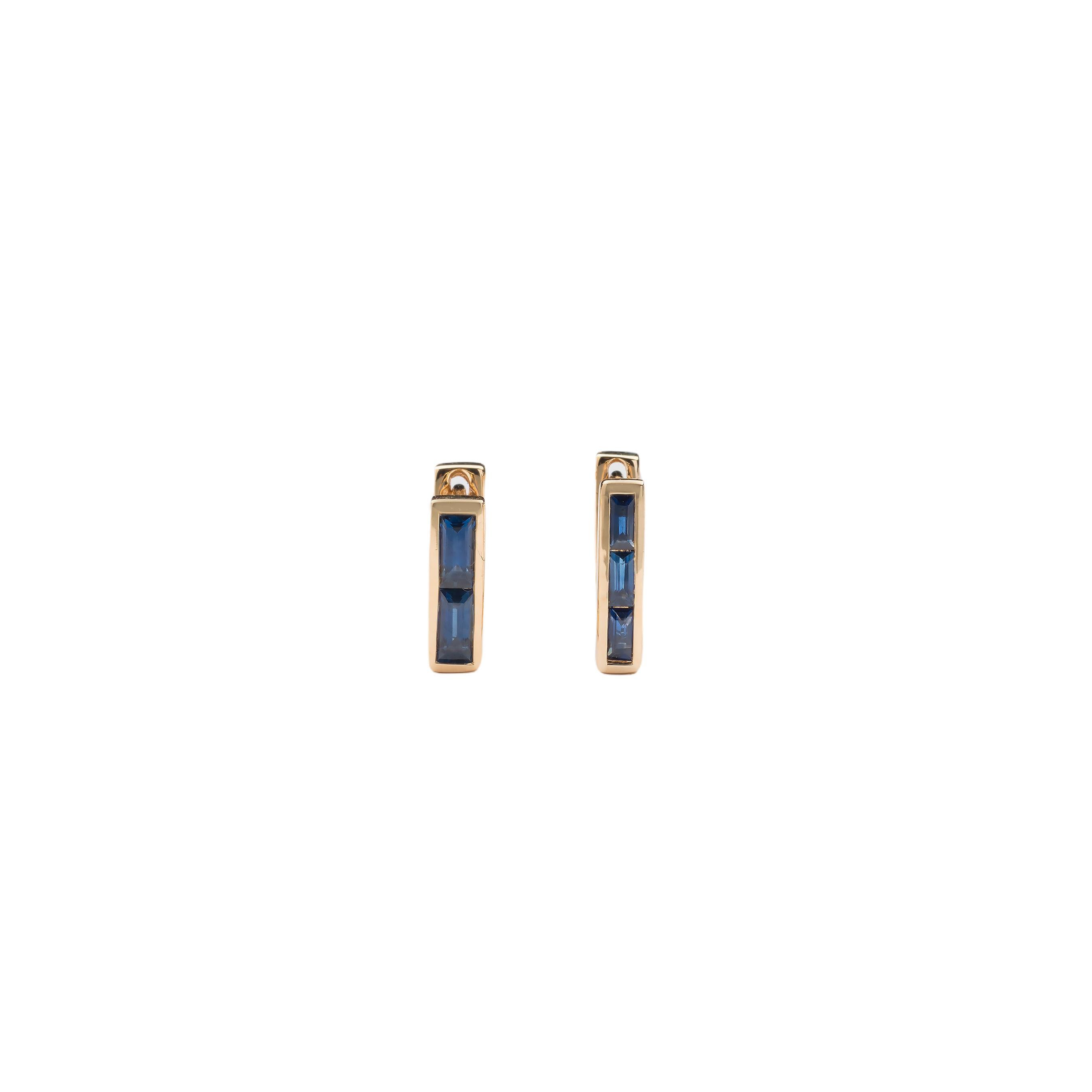 Baguette Cut Chubby Square Huggie Earrings with Two Sapphire Baguettes For Sale