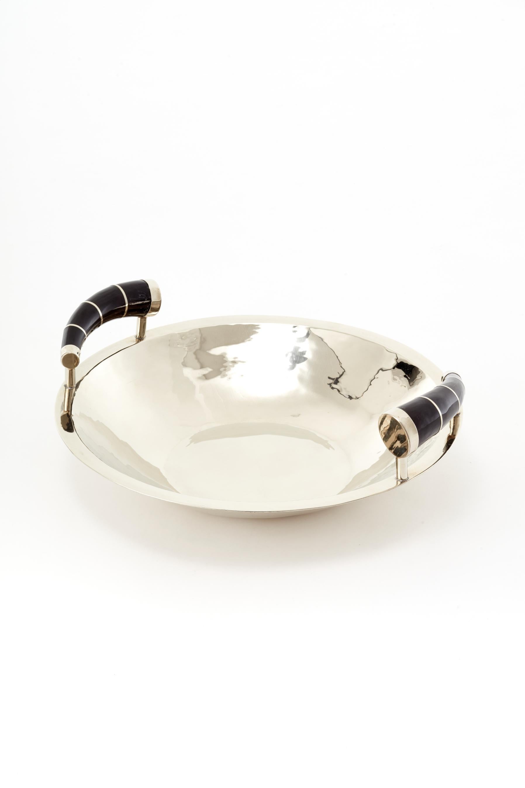 Contemporary Chubut Large Bowl, Alpaca Silver & Black Horn For Sale