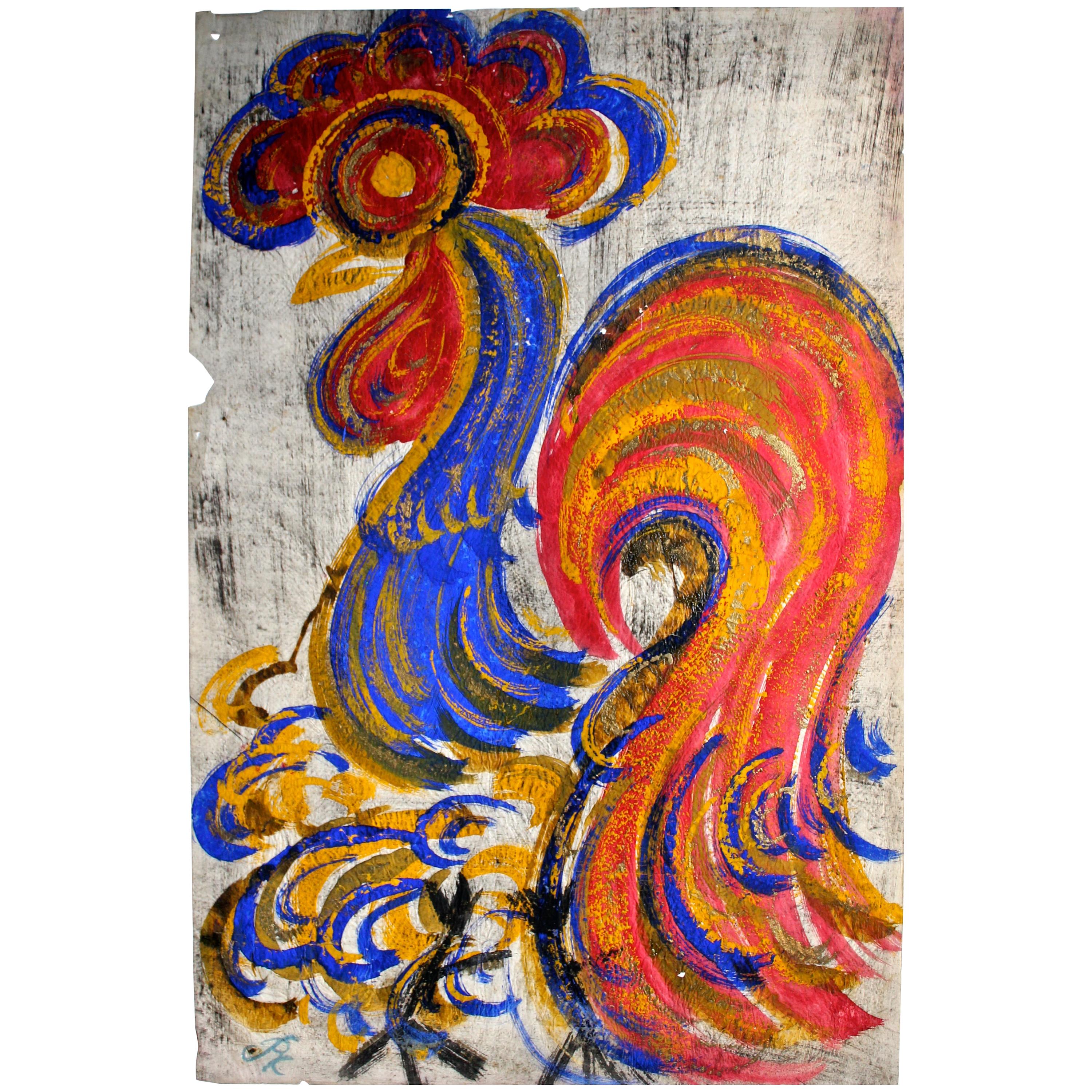 'Chucho' Reyes Signed Gouache on Paper of a Colorful Rooster