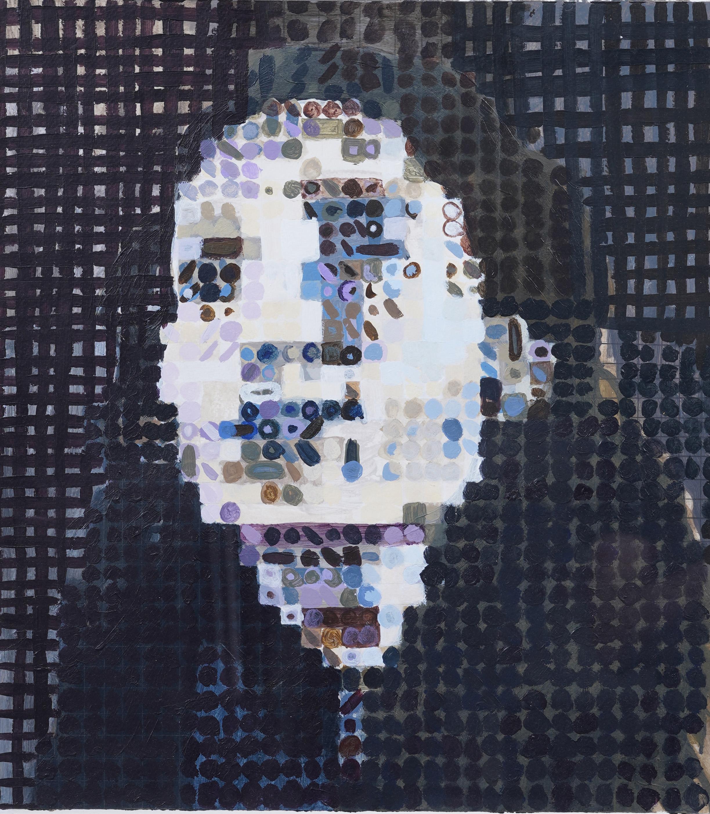 Vintage American Modernist Pintura al óleo con marco Retrato abstracto - Abstract Painting Gris de Chuck Close