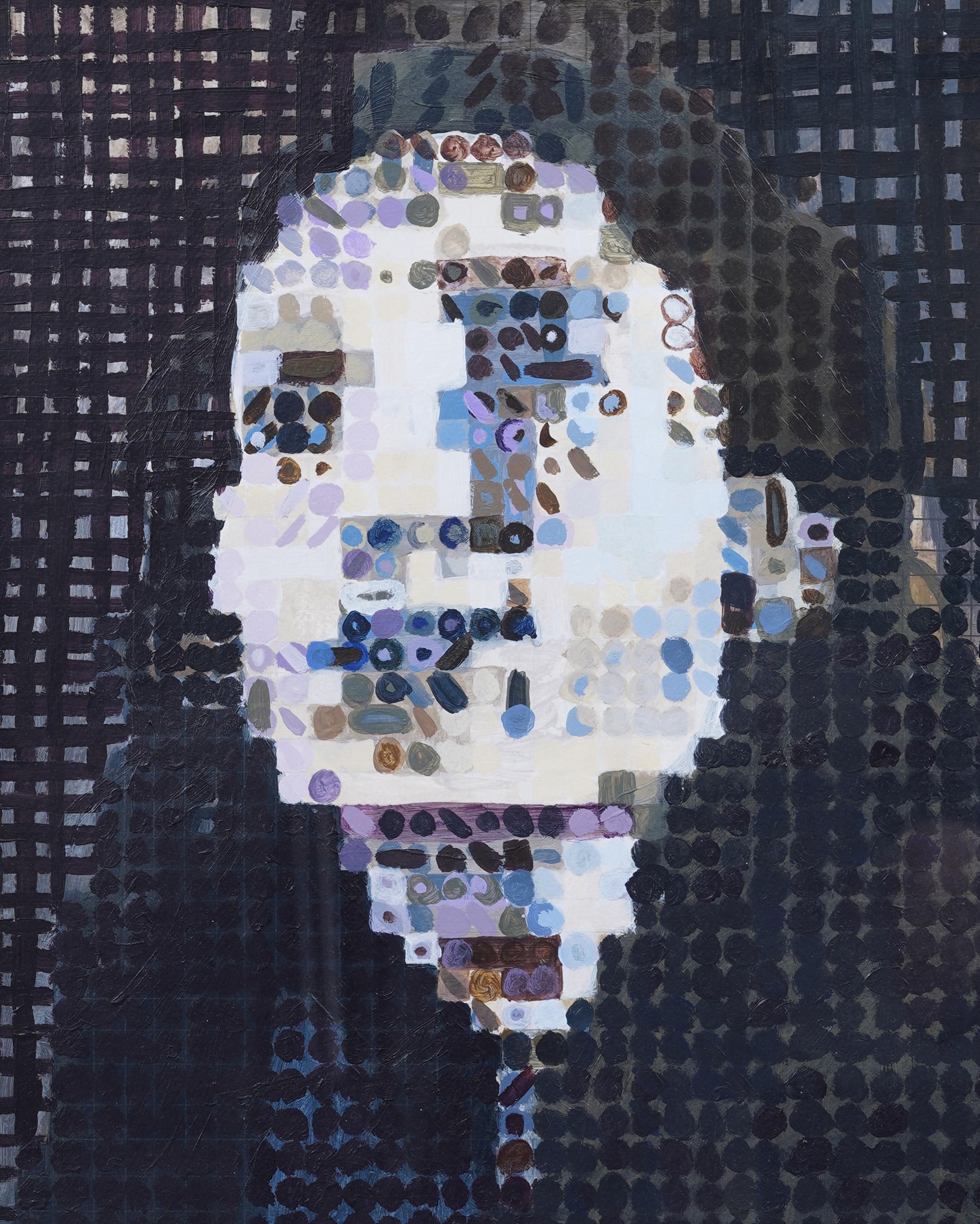 Retrato abstracto modernista estadounidense pintado al óleo al estilo de Chuck Close.  Enmarcado.  Óleo sobre papel.    Tamaño de la imagen, 23H por 20L.
