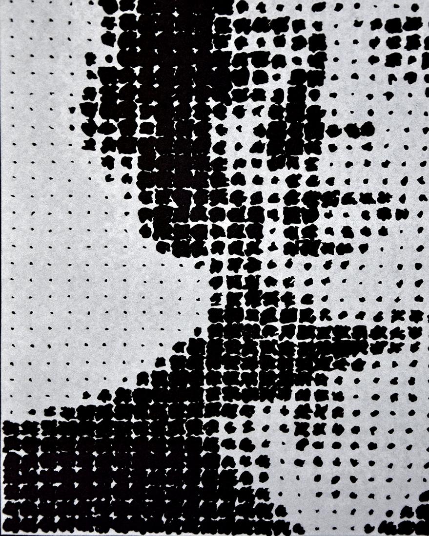Created in 2002, this relief print with embossing on handmade paper is hand-signed by Chuck Close (Washington, 1940 - New York, 2021) in white crayon  in the lower right margin and numbered from the edition of 40 in white crayon in the lower left