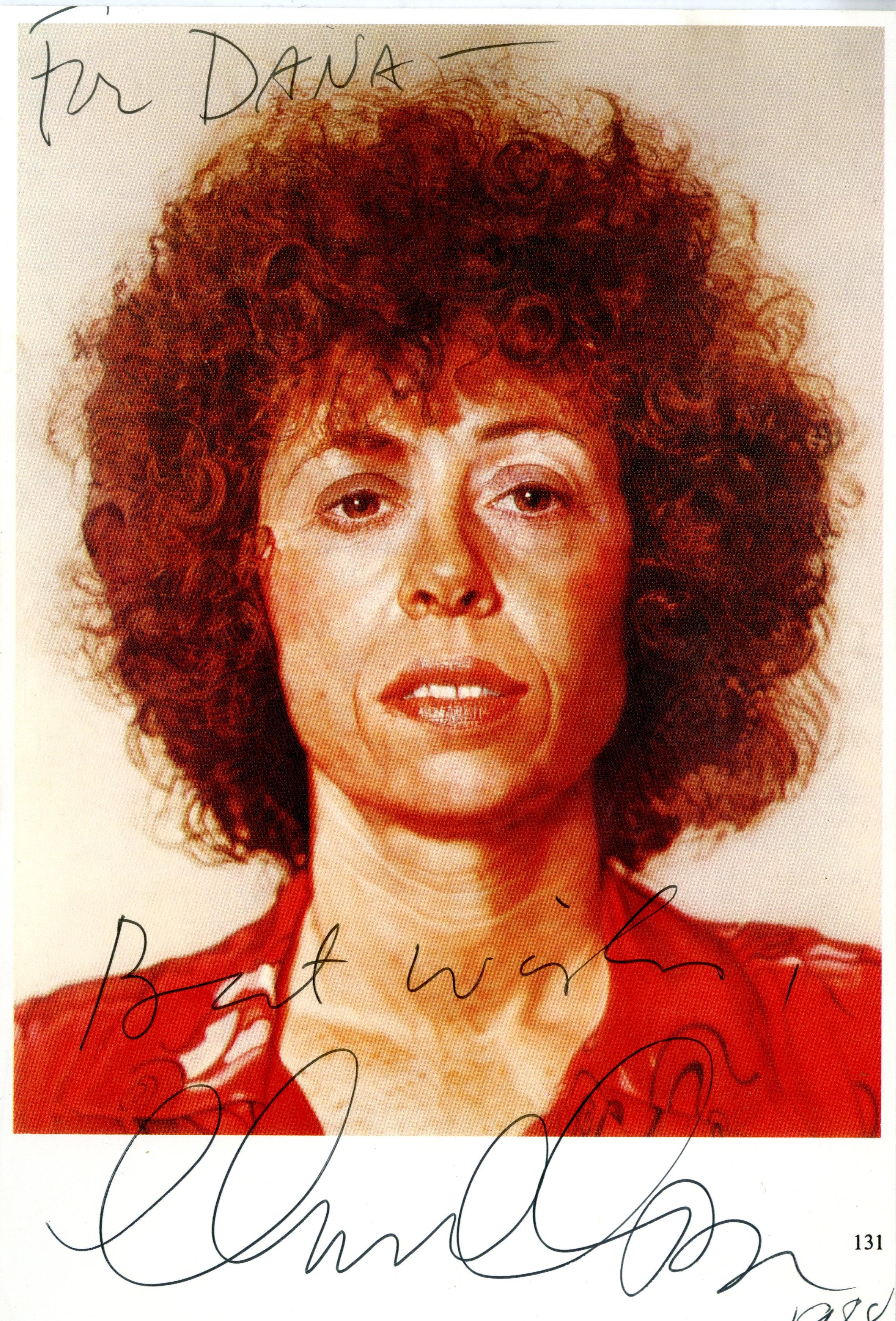 Chuck Close Portrait Print - Uniquely Signed, dedicated and inscribed vintage card of Linda Rosenkrantz Finch