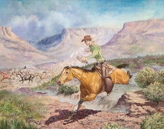 The Roundup, Vintage Western Art, Cowboy on Horse, Heard of Horses