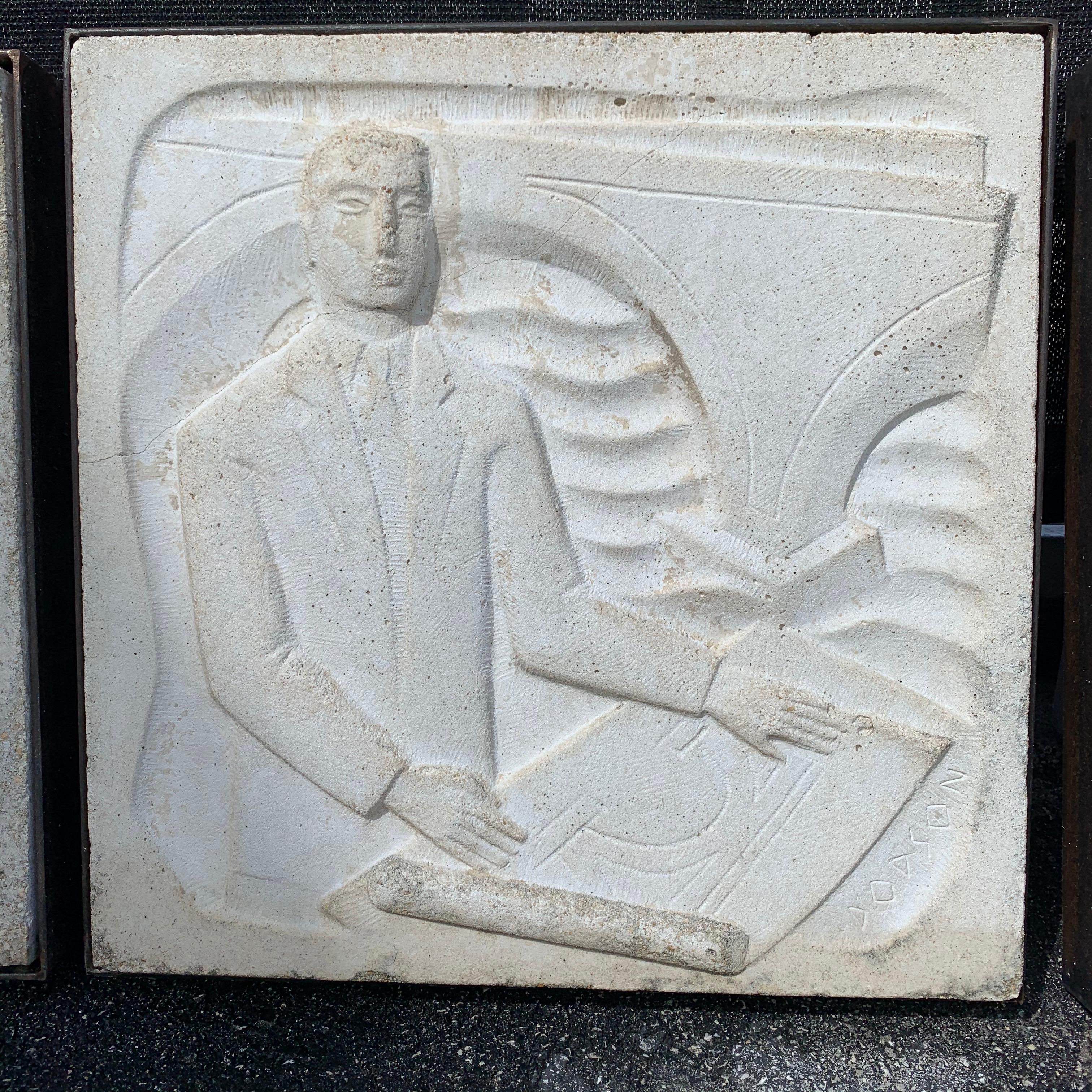 Art Deco buildings incorporated figural panels in their facades such as this exquisite bas reliefs sculpted by Chuck Dodson. This has been framed in an Industrial iron frame. The concrete sculpture was created for the Dupont Plaza Hotel constructed