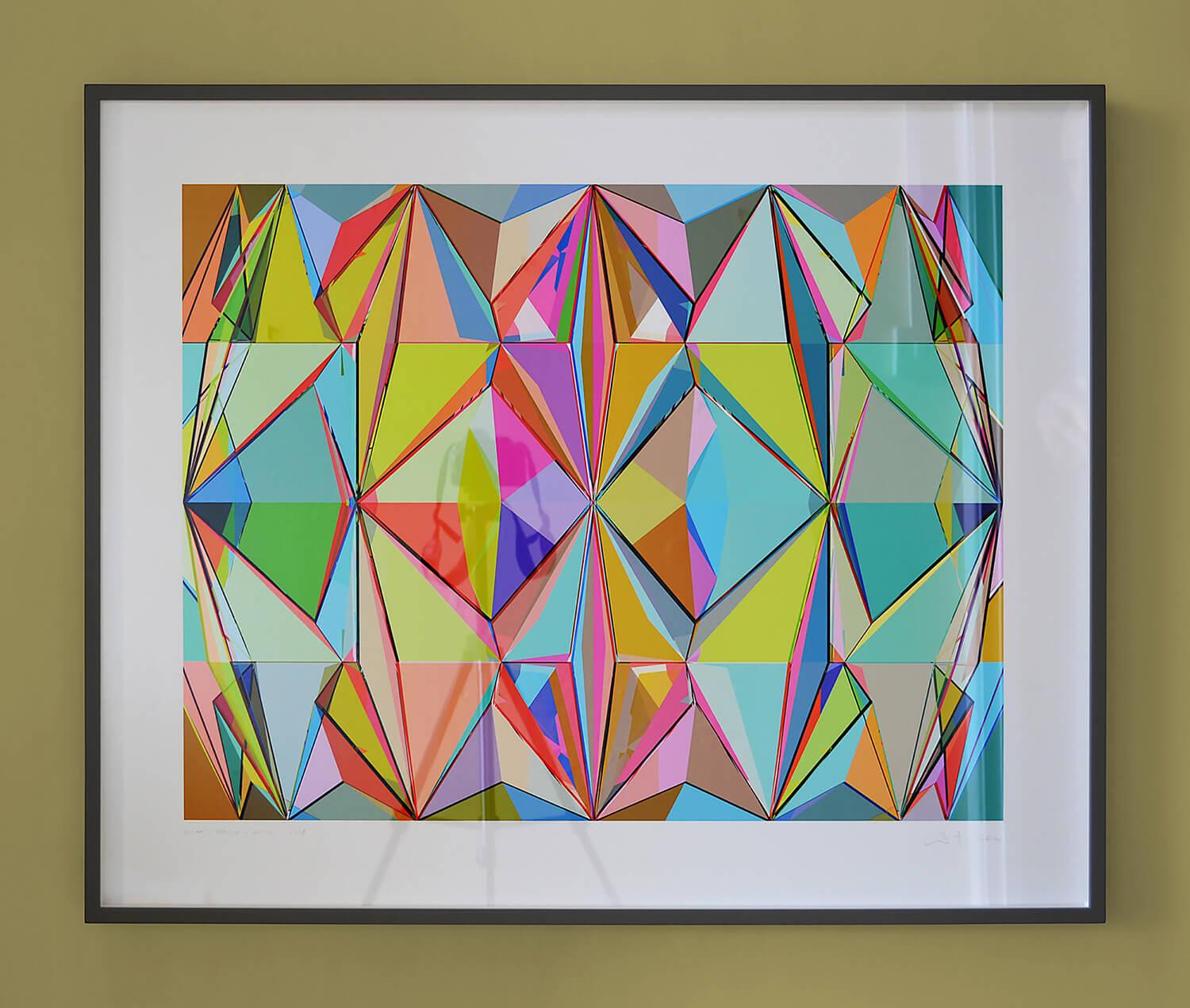 Klint / reDux / acdh is a ten colour archival pigment print on 305gsm, 100% cotton, Hahnemühle fine art paper.

The work can be supplied unframed, or framed and ready to hang. I tend to use fairly minimal glazed and painted tulipwood frames, and set
