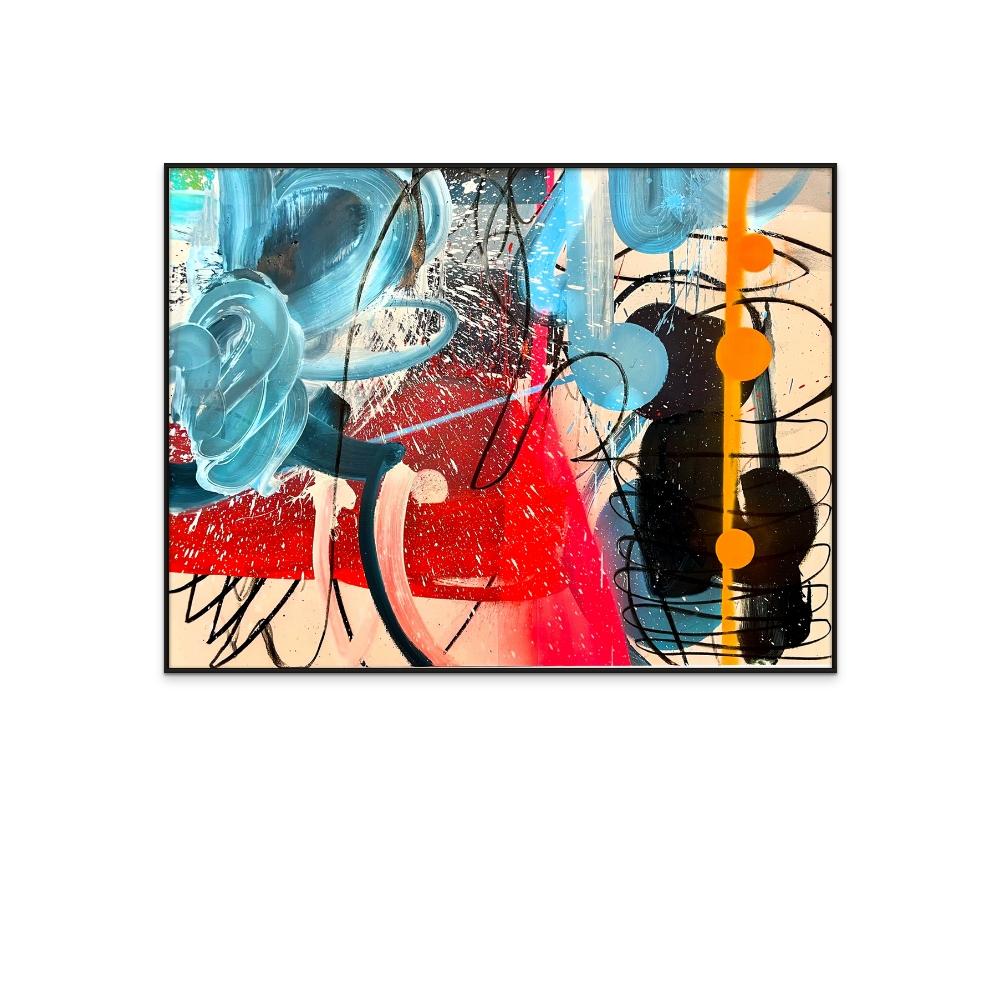 Großformatiges Kunstwerk mit Öl, Sprühfarbe und Kohle auf Leinwand. Farbenfroher abstrakter Expressionist der Gegenwart. 
Das Kunstwerk wird ungestreckt in einer Röhre geliefert. Optionen für die Vergrößerung und Rahmung sind verfügbar, kontaktieren
