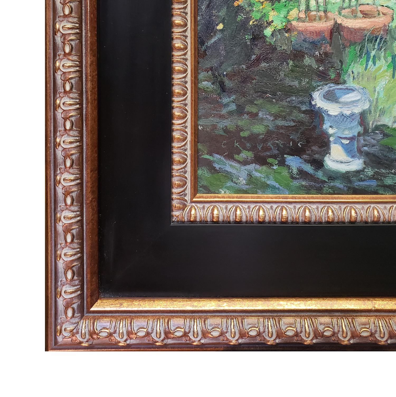 Wisteria Wandering ; The Artist's Garden, North Hills, CA - Noir Landscape Painting par Chuck Kovacic