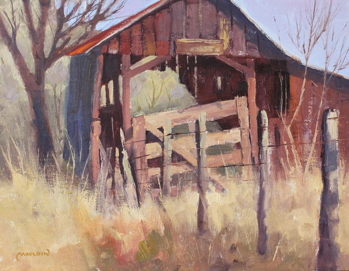 „BARN TO LAST“ TEXAS LANDSCAPE NEAR FREDERICKSBURG 21 X 25 FRAMED OPA Member – Painting von CHUCK MAULDIN