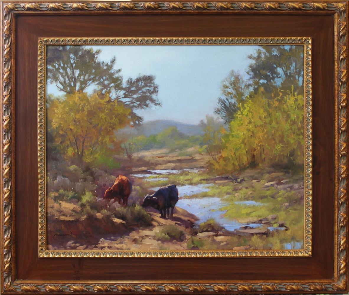 CHUCK MAULDIN Landscape Painting - "BRAVO CREEK" TEXAS HILL COUNTRY CATTLE