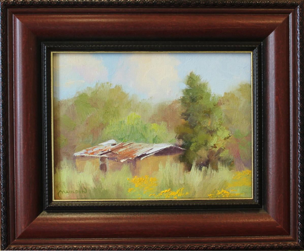 CHUCK MAULDIN Landscape Painting - "CHEROKEE SHED" TEXAS HILL COUNRTY  CHEROKEE TEXAS