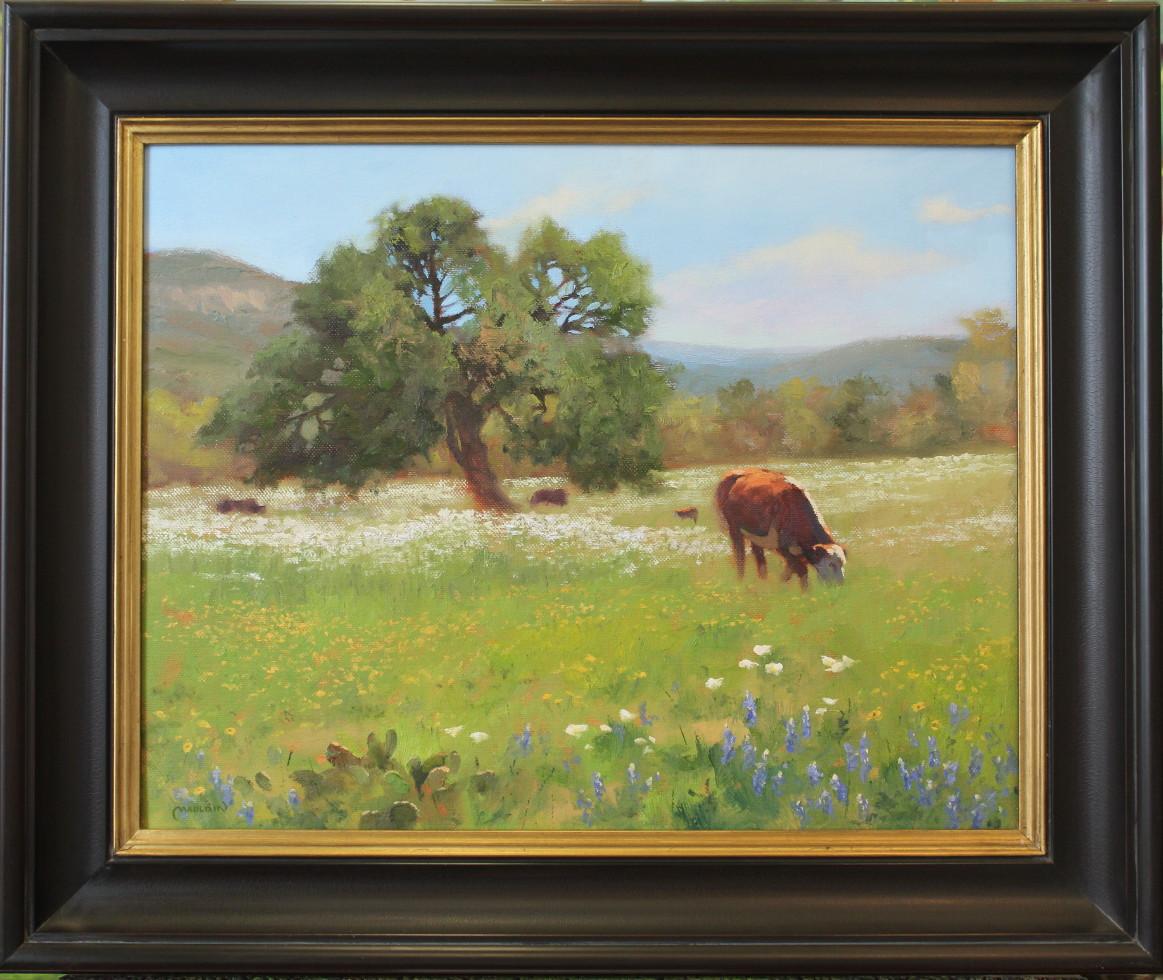 CHUCK MAULDIN Landscape Painting - "FLOWERS ON HER DINNER TABLE" TEXAS HILL COUNTRY CATTLE