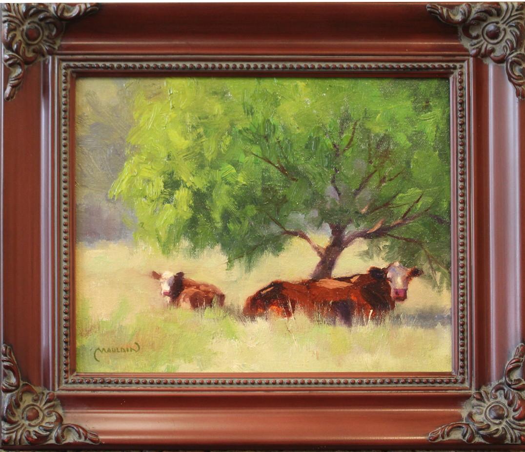 CHUCK MAULDIN Animal Painting - "MAMA LIKES SHADE" TEXAS HILL COUNTRY CATTLE WESTERN HEREFORDS