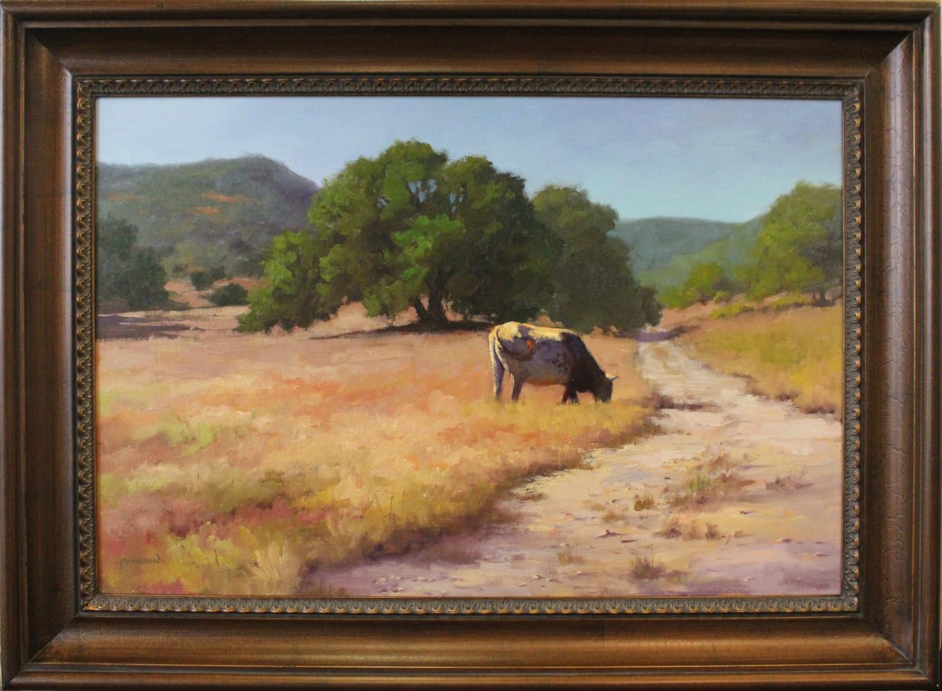 CHUCK MAULDIN Landscape Painting - "HEAVY GRAZER" CATTLE TEXAS HILL COUNTRY