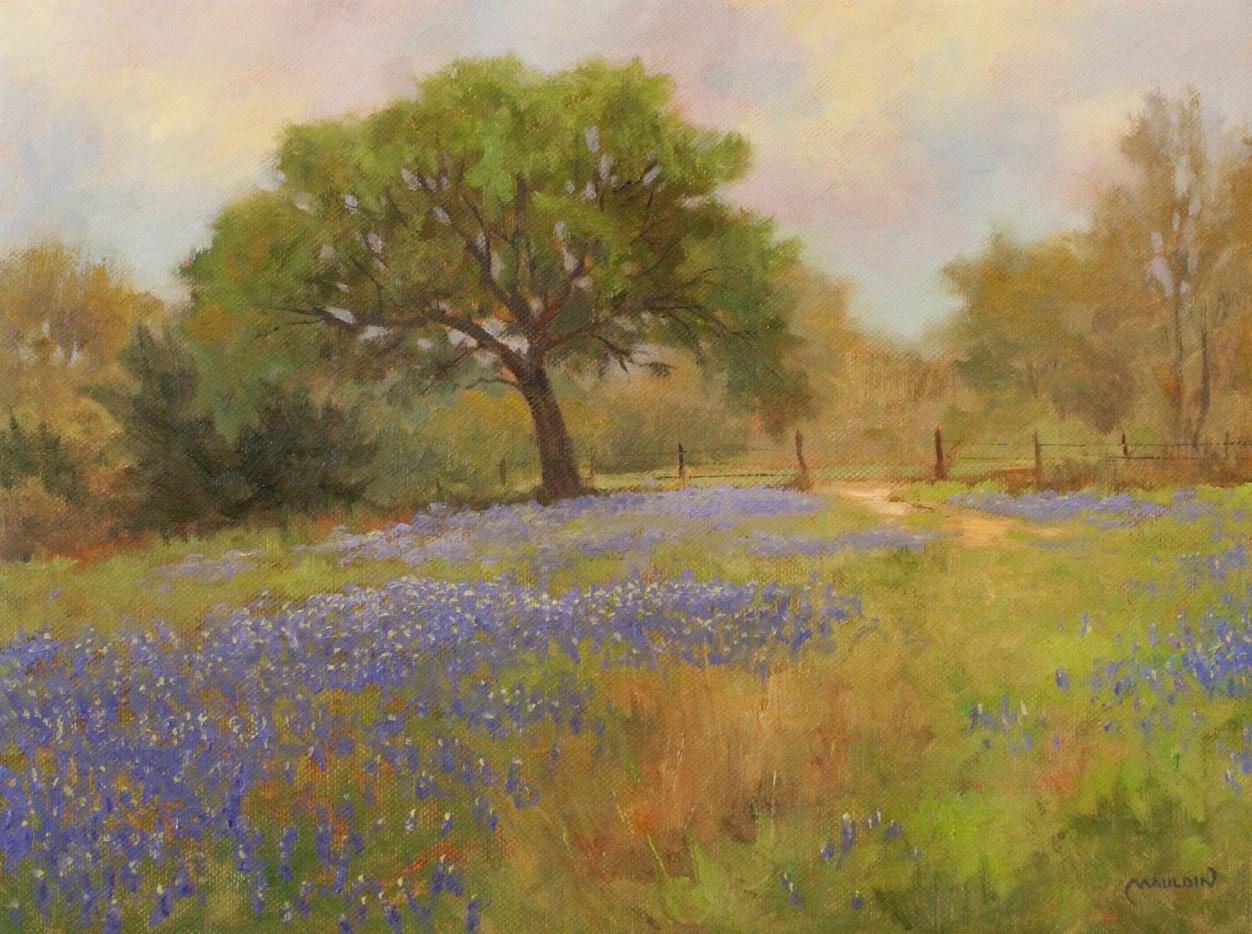 „PASTURE BONNETS“ TEXAS BLUEBONNETS NEAR FREDERICKSBURG 25 X 31 FRAMED OPA Membe – Painting von CHUCK MAULDIN