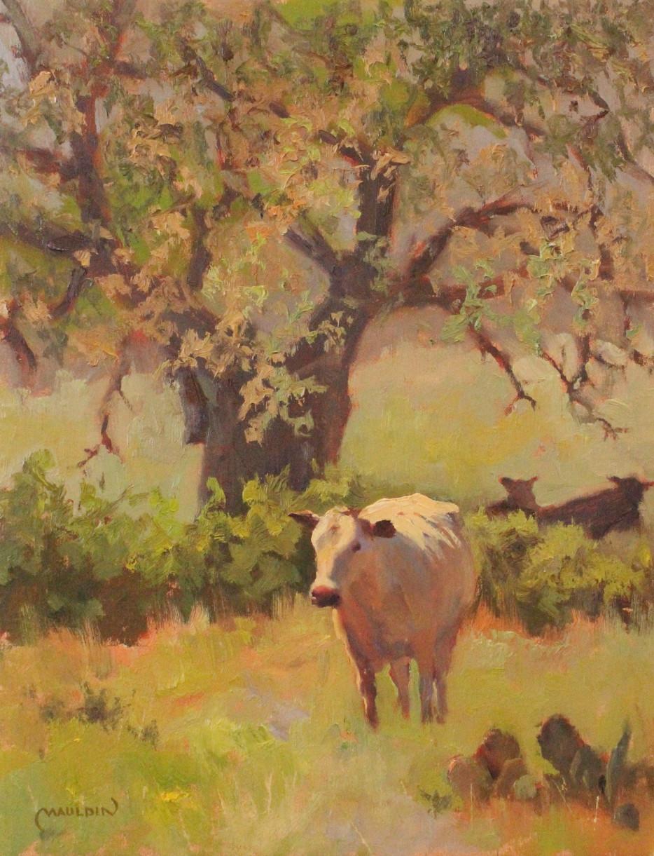 „SPRING IN HER STEP“ TEXAS CATTLE FREDERICKSBURG 22 X 18 FRAMED OPA Member. COW – Painting von CHUCK MAULDIN