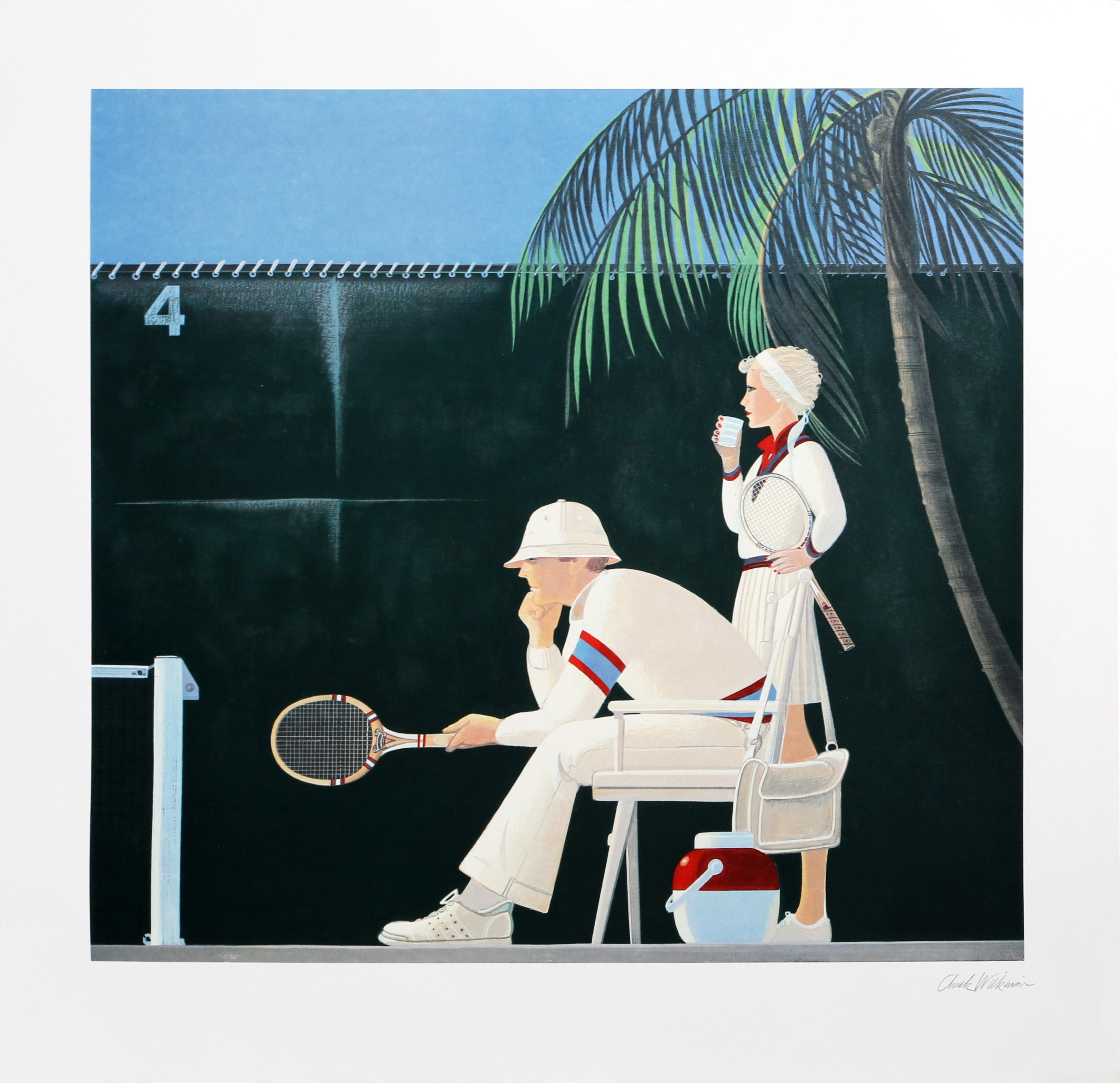 Chuck Wilkinson (1932 - 2010) - Tennis, Medium:  Lithographie, signiert und nummeriert mit Bleistift, Auflage:  300, Bildgröße:  21,5 x 23 Zoll, Größe:  26.75 x 27.5 in. (67.95 x 69.85 cm), Beschreibung:  Eine Lithographie von Chuck Wilkinson, die