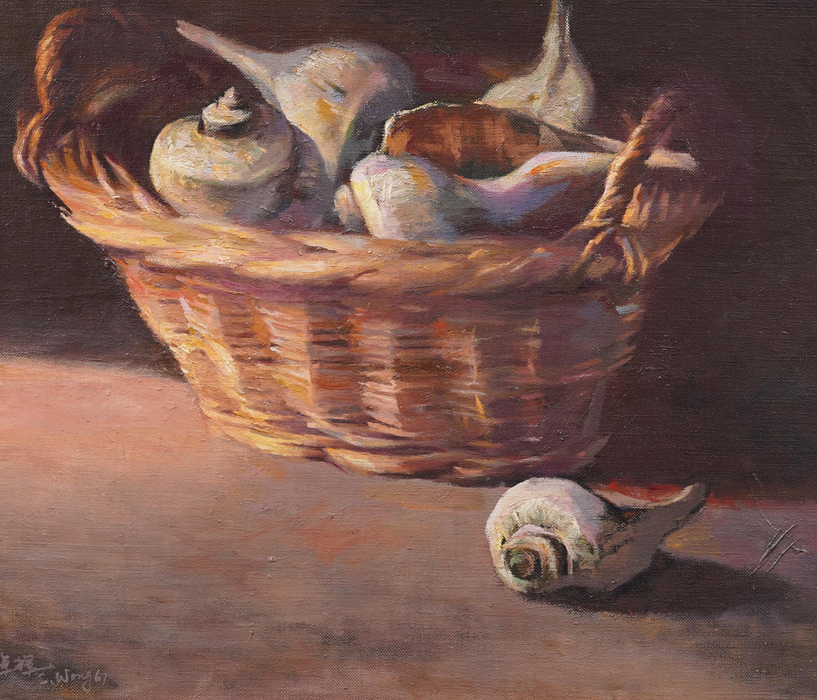 Antico dipinto a olio con conchiglia impressionista americano con cornice firmata - Still-Life Painting Marrone di chuck wong