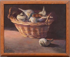Antico dipinto a olio con conchiglia impressionista americano con cornice firmata