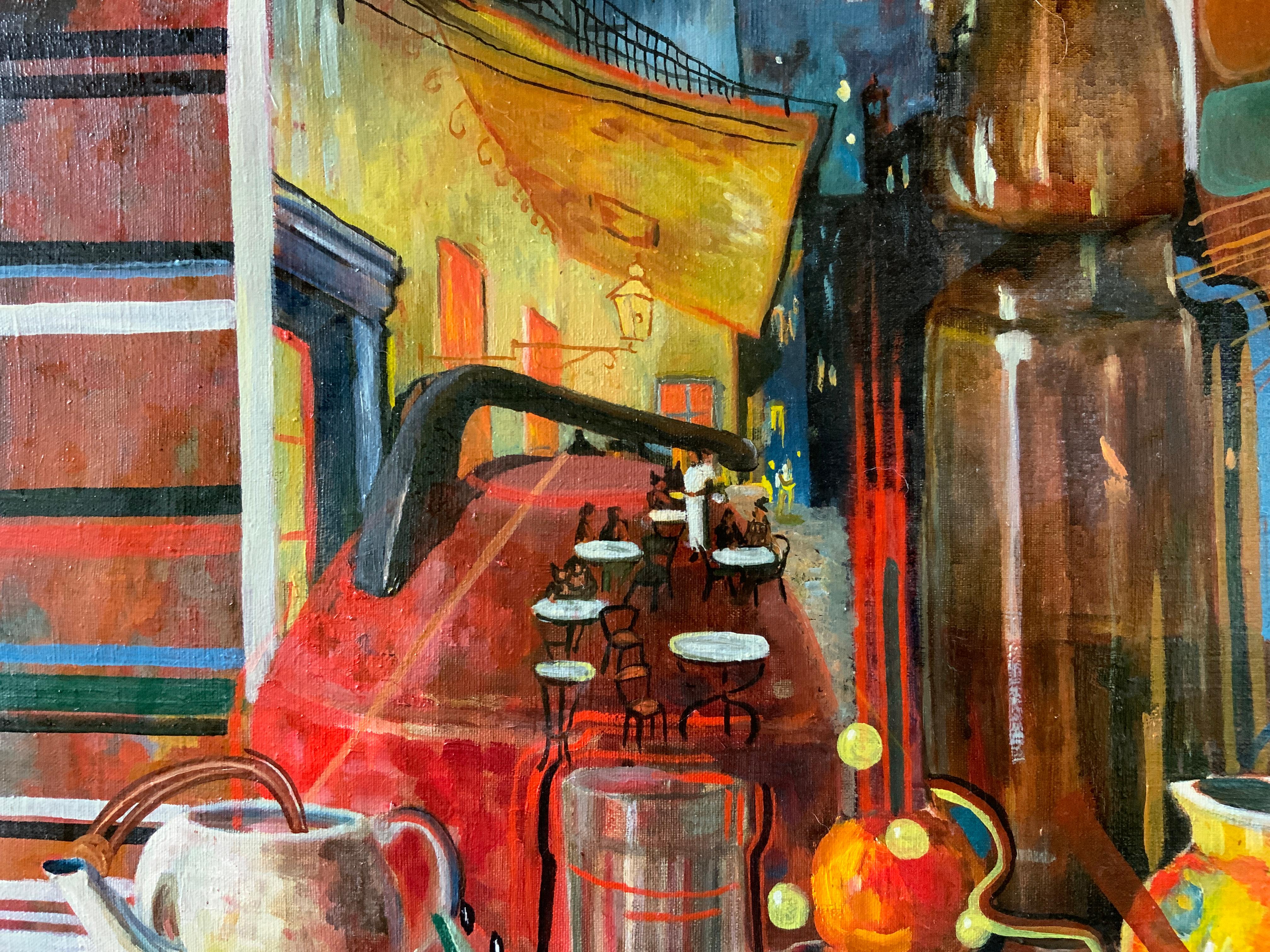La natura morta è stata dipinta in estate in una casa di campagna, in modo luminoso e decorativo. 
La riproduzione di Van Gogh, che è l'artista preferito dell'autore, si inserisce armoniosamente nel quadro e completa il colore della campagna, che