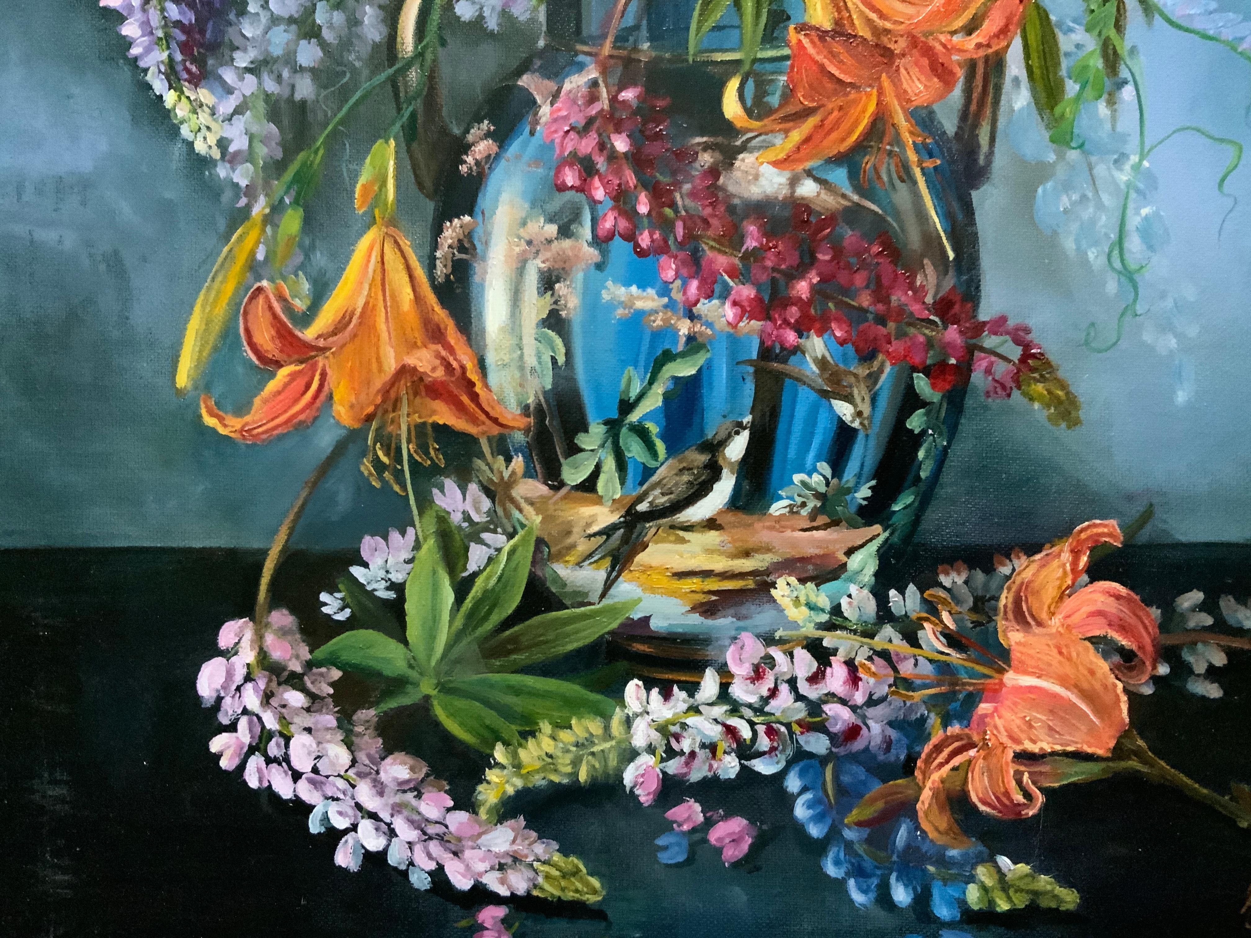 Blumen in einer blauen Vase (Realismus), Painting, von Chulkova Elena