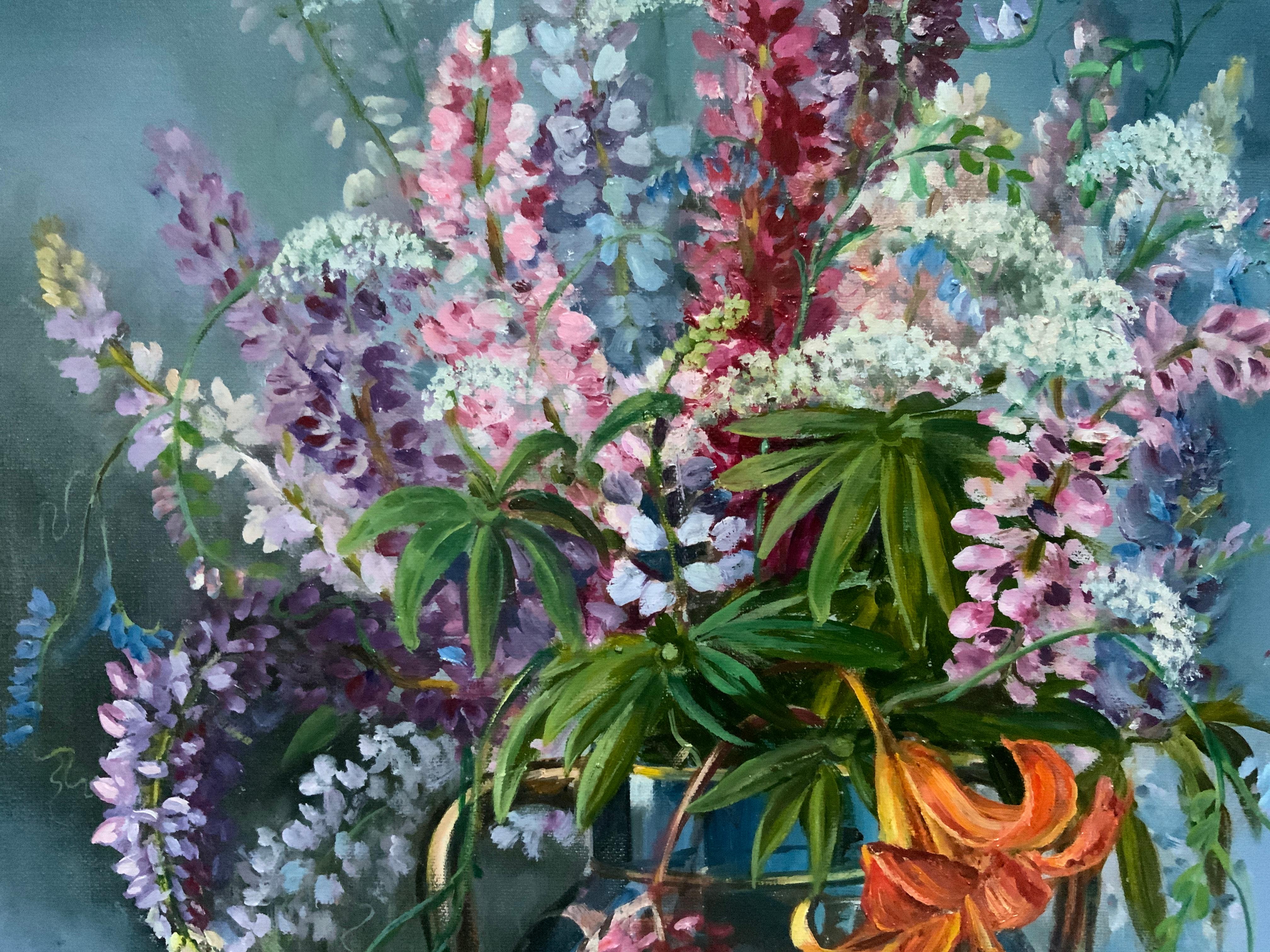 Lupines are simple garden flowers, but, according to the will of the artist, in this painting they turn into a luxurious and fresh bouquet! The beautiful vase not only complements the natural theme, but is itself a work of art, complementing and