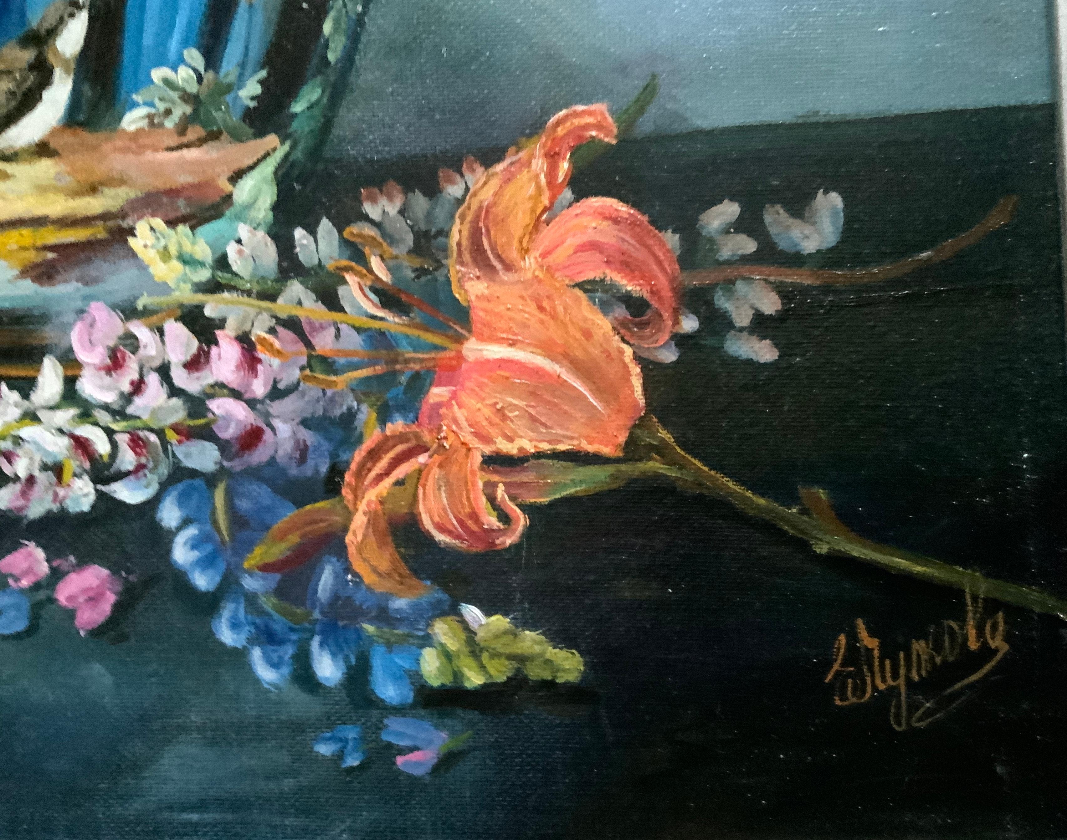 Flowers in a blue vase For Sale 2