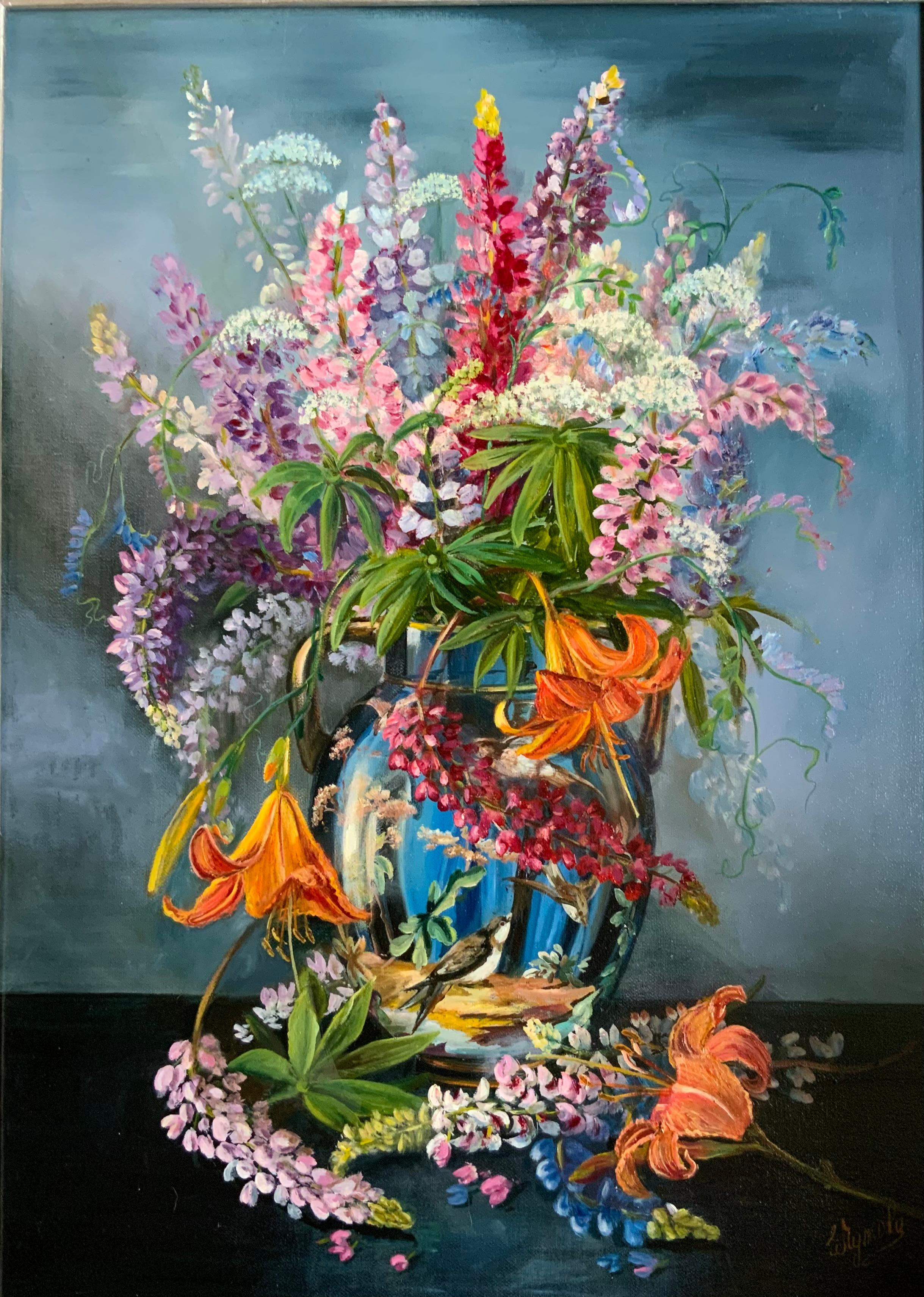 Blumen in einer blauen Vase – Painting von Chulkova Elena